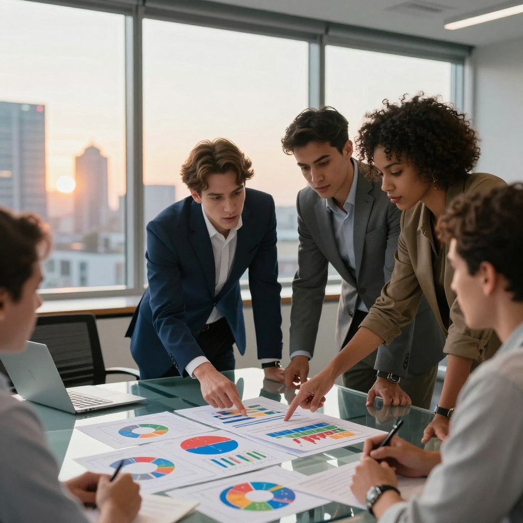 A modern office environment showcasing the current market trends, featuring a diverse group of professionals engaged in discussion. In the foreground, a clear glass table displays colorful charts and graphs representing stock prices and economic data. The middle ground captures two individuals, one in a crisp suit and the other in smart casual attire, leaning over the table, pointing at the charts with focused expressions. The background reveals a large window with a view of a city skyline illuminated by the golden light of sunset, adding a warm glow to the scene. The atmosphere is dynamic and collaborative, conveying a sense of urgency and excitement about economic discussions. The natural light enhances the colors of the charts, creating a visually appealing and informative image.