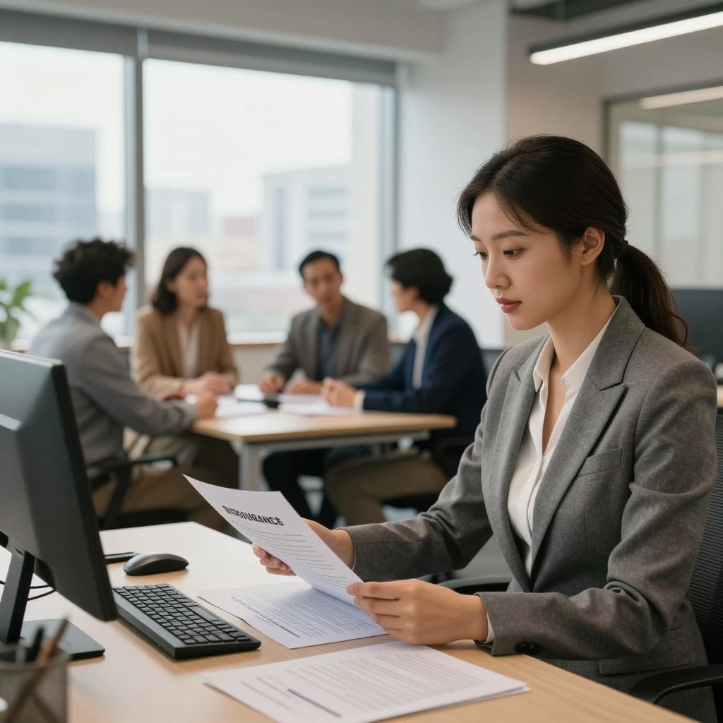 A modern office setting emphasizing personalized insurance services. In the foreground, a confident professional woman in a tailored suit reviews documentation on her desk, showcasing her focus on customer needs. In the middle ground, a diverse group of individuals engaged in a discussion about innovative insurance solutions, dressed in business attire, embodying collaboration and teamwork. The background features a large window with cityscape views, allowing natural light to flood the office space, enhancing the welcoming atmosphere. Soft, ambient lighting creates a warm yet professional mood. The scene captures the essence of current trends in insurance, highlighting the human element of personalized service in a contemporary work environment.
