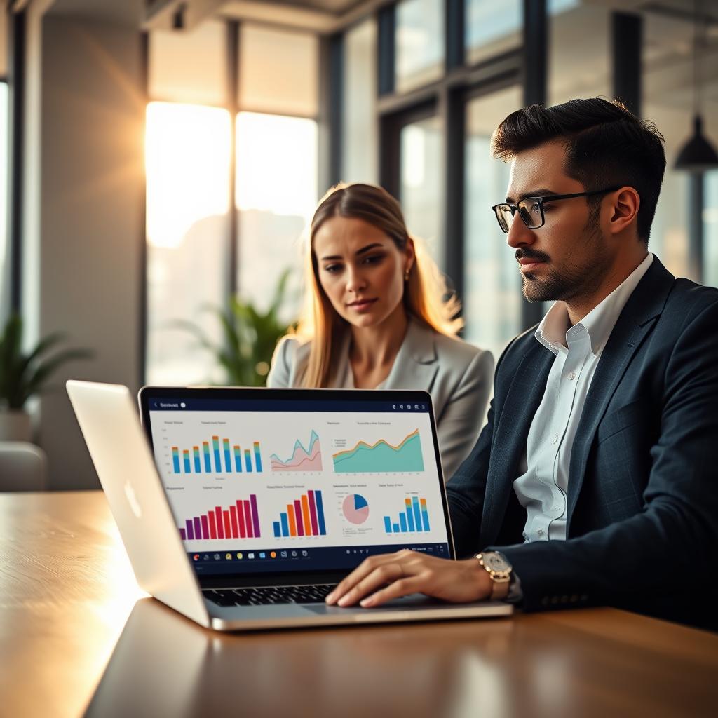 A modern office setting featuring a professional woman and man discussing a life insurance simulation on a laptop. The foreground shows the laptop screen displaying colorful graphs and charts related to life insurance trends. The middle layer captures the focused expressions of the individuals dressed in smart business attire, conveying a sense of collaboration and professionalism. In the background, a stylish office with large windows allows natural light to flood in, creating a bright and inviting atmosphere. The soft glow of sunlight enhances the mood of optimism and forward thinking. The angle is slightly elevated, providing a clear view of both the laptop screen and the engaged discussion.