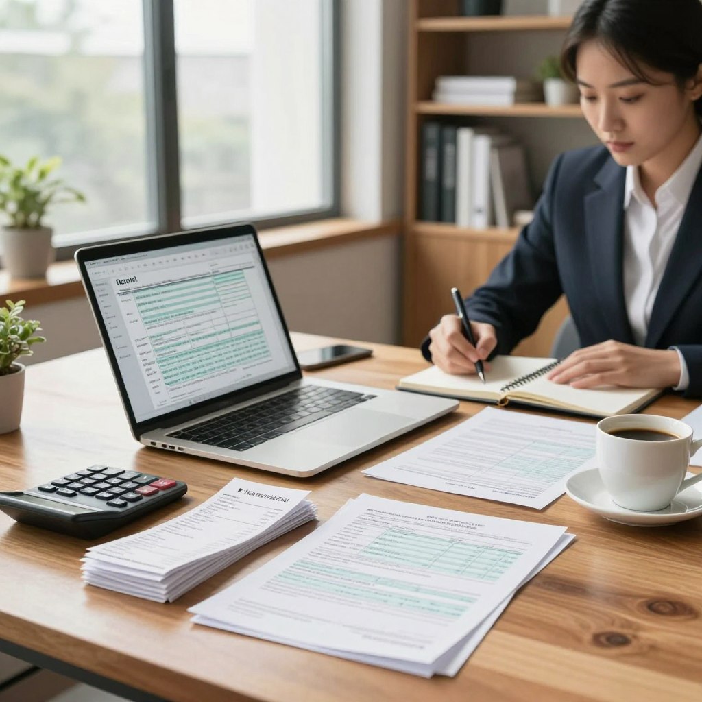 A modern office setting featuring a sleek wooden desk with a laptop open to a tax deduction form. In the foreground, neatly stacked receipts and tax documents, alongside a stylish calculator and a cup of coffee. A professional in business attire, focused on the screen, taking notes on a notepad. In the middle ground, a large window allows natural light to flood the room, enhancing the atmosphere of productivity. The background includes a bookshelf filled with financial books and potted plants, adding a touch of greenery. The lighting is bright and warm, creating an optimistic mood, suggesting clarity and order in the often overwhelming world of tax deductions. The scene conveys professionalism and the importance of financial literacy. A modern office setting featuring a sleek wooden desk with a laptop open to a tax deduction form. In the foreground, neatly stacked receipts and tax documents, alongside a stylish calculator and a cup of coffee. A professional in business attire, focused on the screen, taking notes on a notepad. In the middle ground, a large window allows natural light to flood the room, enhancing the atmosphere of productivity. The background includes a bookshelf filled with financial books and potted plants, adding a touch of greenery. The lighting is bright and warm, creating an optimistic mood, suggesting clarity and order in the often overwhelming world of tax deductions. The scene conveys professionalism and the importance of financial literacy.