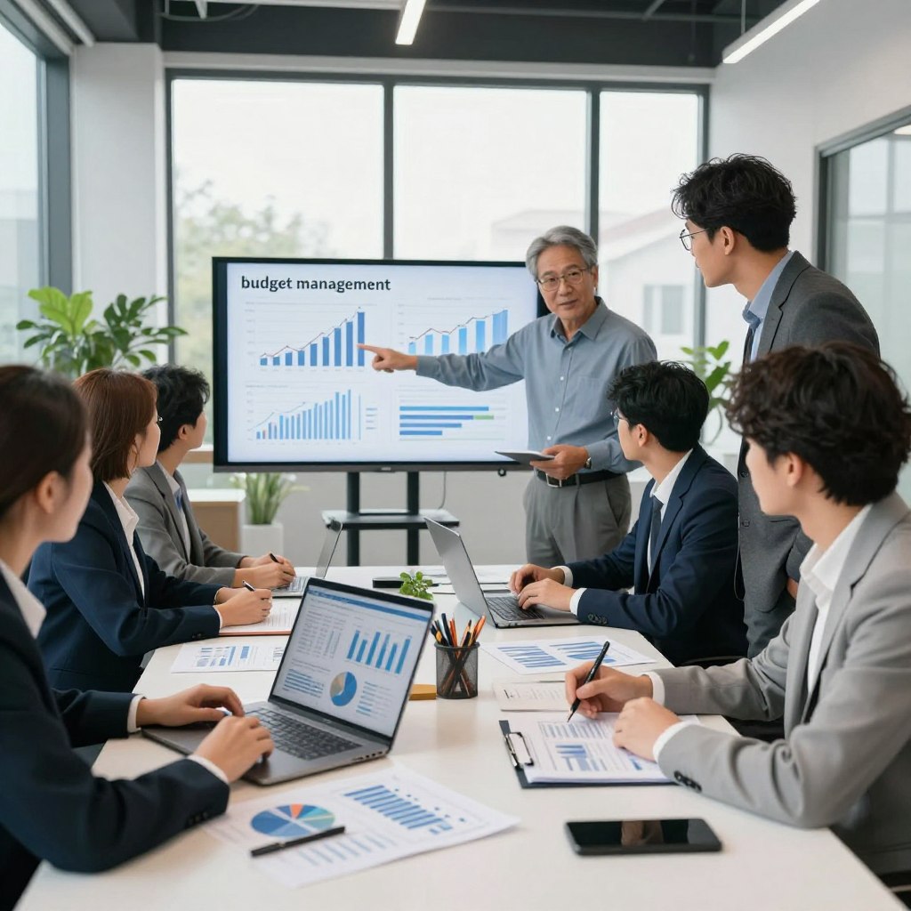 A modern office setting focused on "budget management," showcasing a diverse group of professionals in business attire collaborating around a large table. In the foreground, a young woman is analyzing data on a laptop, surrounded by charts and graphs scattered across the table. In the middle ground, a middle-aged man is pointing at a projection screen displaying financial graphs and key performance indicators. In the background, large windows let in natural light, illuminating the space and creating a productive atmosphere. The room features a contemporary design with plants and organizational tools, reflecting efficiency and teamwork. The overall mood is focused and professional, emphasizing clarity and collaboration in financial management.
