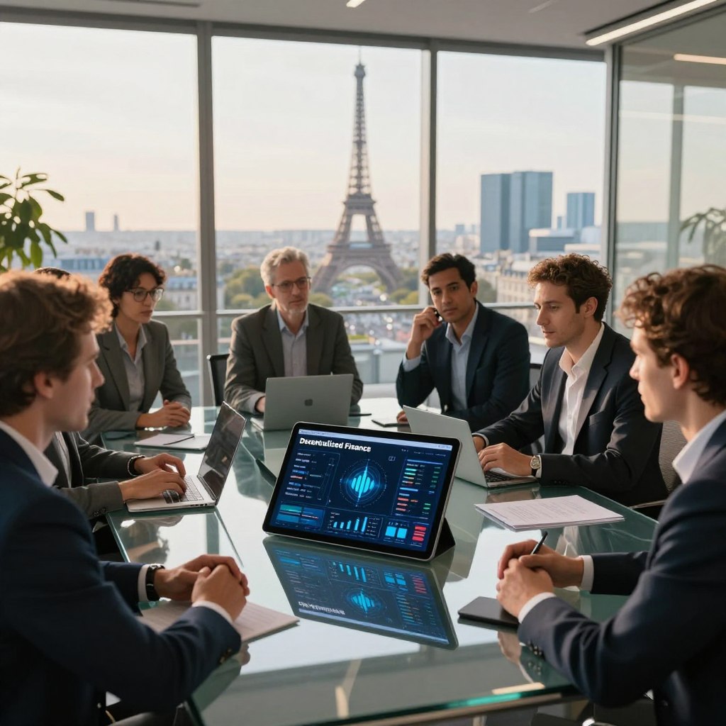 A modern office setting illustrating the regulation of Decentralized Finance (DeFi) in France. In the foreground, a group of diverse professionals, dressed in smart business attire, engage in a discussion around a large digital tablet displaying intricate blockchain graphics and DeFi metrics. The middle ground features a glass conference table surrounded by high-tech devices, symbolizing innovation and financial technology. In the background, a panoramic view of Paris with iconic landmarks like the Eiffel Tower and modern skyscrapers, bathed in warm, natural light. The mood is dynamic and focused, reflecting a blend of traditional finance and cutting-edge technology, with soft reflections on the glass surfaces enhancing the atmosphere of collaboration and forward-thinking. A modern office setting illustrating the regulation of Decentralized Finance (DeFi) in France. In the foreground, a group of diverse professionals, dressed in smart business attire, engage in a discussion around a large digital tablet displaying intricate blockchain graphics and DeFi metrics. The middle ground features a glass conference table surrounded by high-tech devices, symbolizing innovation and financial technology. In the background, a panoramic view of Paris with iconic landmarks like the Eiffel Tower and modern skyscrapers, bathed in warm, natural light. The mood is dynamic and focused, reflecting a blend of traditional finance and cutting-edge technology, with soft reflections on the glass surfaces enhancing the atmosphere of collaboration and forward-thinking.