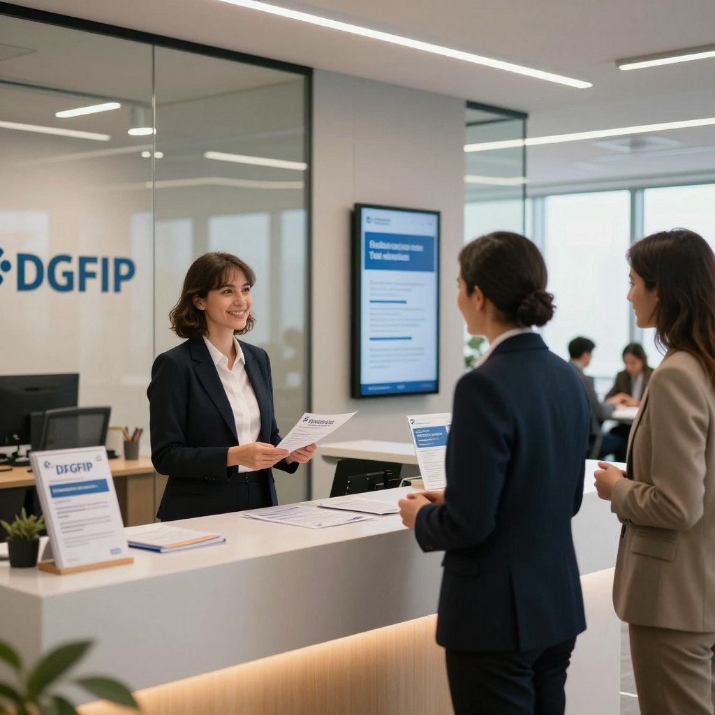 A modern office space representing the services of the DGFIP, with a stylish reception area in the foreground featuring a friendly staff member in business attire welcoming visitors. In the middle ground, there are informational pamphlets and digital displays showcasing services related to taxes and public finances. The background includes sleek glass partitions with the DGFIP logo subtly visible, along with employees engaged in professional discussions. Soft, natural lighting filters through large windows, casting a warm ambiance. The mood is professional yet approachable, creating an atmosphere of trust and efficiency. The perspective is slightly angled to give depth to the scene while maintaining focus on the DGFIP's commitment to public service.