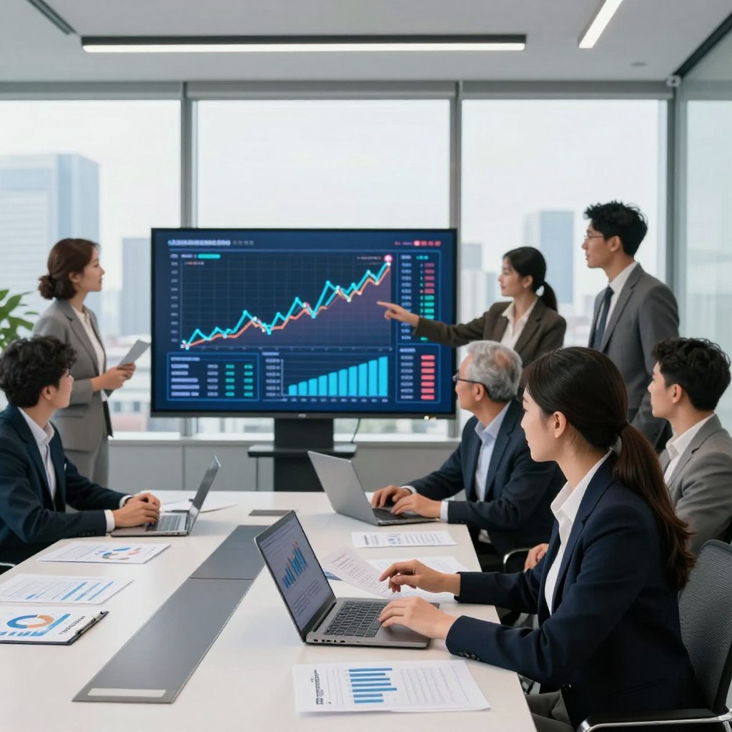 A modern office space showcasing the instruments of economic policy. In the foreground, a professional woman in business attire analyzes reports on her laptop, surrounded by financial documents and charts spread across a sleek conference table. In the middle ground, a large digital screen displays dynamic graphs illustrating economic trends and fiscal data, while a diverse group of individuals in business attire discusses strategies passionately. The background features a panoramic view of a city skyline, symbolizing economic growth. Soft, natural light streams in through large windows, creating a productive and optimistic atmosphere. The image should have a clear focus on collaboration and decision-making in economic policy, portrayed in a professional and inspiring manner.