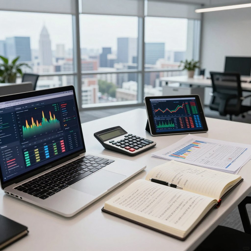 A modern office space showcasing various performance analysis tools. In the foreground, a sleek laptop displays colorful data charts and graphs, alongside open notebooks filled with analytical notes. In the middle ground, a stylish desk holds a calculator, financial reports, and a tablet showing market trends. The background features a large window with a panoramic city view, allowing natural light to flood the room, creating a bright and inspiring atmosphere. The mood is professional and focused, perfect for investors. Use a wide-angle lens for a dynamic composition and ensure the lighting highlights the tools effectively, without any text or company logos.