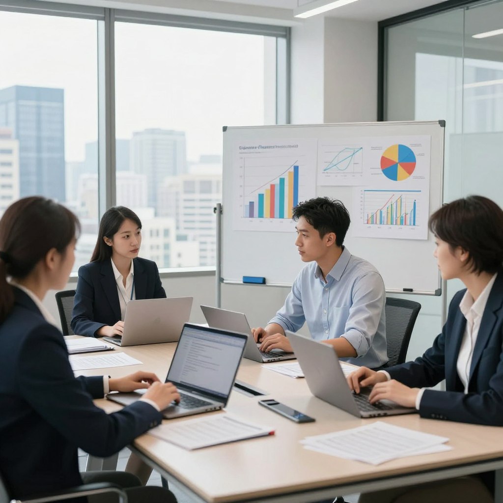 A modern online finance training session in action, emphasizing a diverse group of three professional individuals, a woman in formal business attire, a man in a smart casual shirt, and another person in a business suit. They are seated around a sleek conference table, engaged with laptops open and financial documents spread out. The setting is a bright, contemporary office space with large windows showcasing a city skyline in the background, allowing natural light to flood the scene. The atmosphere is focused and energetic, reflecting the seriousness of corporate finance education. A whiteboard displays colorful graphs and financial concepts behind them. Capture this scene with a wide-angle lens to emphasize the collaboration and innovation within the educational environment.