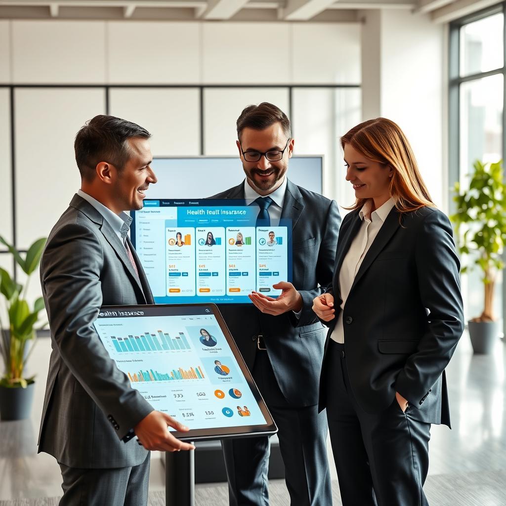 A modern, professional office environment showcasing a virtual interface of a health insurance comparison tool. In the foreground, a diverse group of three professionals—two men in well-fitted suits and one woman in a smart blouse—are engaged in discussion, examining dynamic charts and data on a sleek, futuristic touchscreen display. In the middle ground, a large monitor displays profiles of various health insurance plans with visuals representing coverage options like family, dental, and vision care. The background features a minimalistic, stylish office with large windows allowing natural light to flood in, accented by greenery. The mood is focused and collaborative, conveying a sense of trust and professionalism in health insurance decision-making. The composition employs soft lighting to enhance the welcoming atmosphere, with a slight depth of field to emphasize the subjects and their interaction with the technology.
