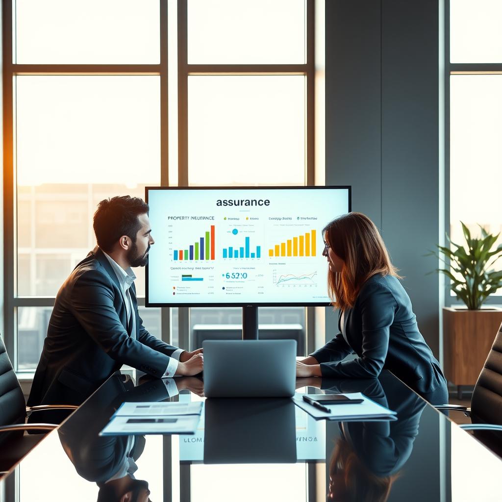 A modern, professional office setting showcasing an elegant meeting room. In the foreground, a diverse group of four individuals in business attire are engaged in a discussion about property insurance, symbolizing collaboration and assurance. Two men, one woman, and a non-binary person are gathered around a sleek table filled with documents and a laptop. The middle layer features charts and graphs on the screen illustrating insurance statistics, emphasizing the “assurance PNO” concept. In the background, large windows allow natural light to flood the room, casting warm hues and creating a positive, inviting atmosphere. The overall mood reflects professionalism, security, and trust, underscoring the importance of protecting investments in property.