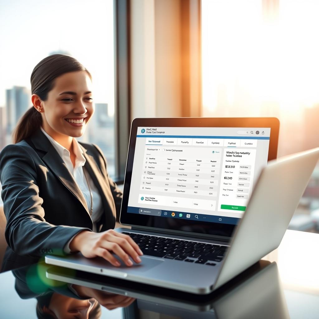A modern, sleek online insurance platform interface, prominently displayed on a laptop screen at the forefront. In the background, a blurred city skyline under bright daylight, symbolizing progress and accessibility. The foreground features a professional-looking individual in business attire, engaged with the laptop, displaying a look of satisfaction and confidence while reviewing a virtual insurance quote. The composition is illuminated by natural light streaming through a nearby window, casting soft reflections and adding warmth to the scene. The atmosphere is optimistic and professional, showcasing the ease and efficiency of online car insurance processes.