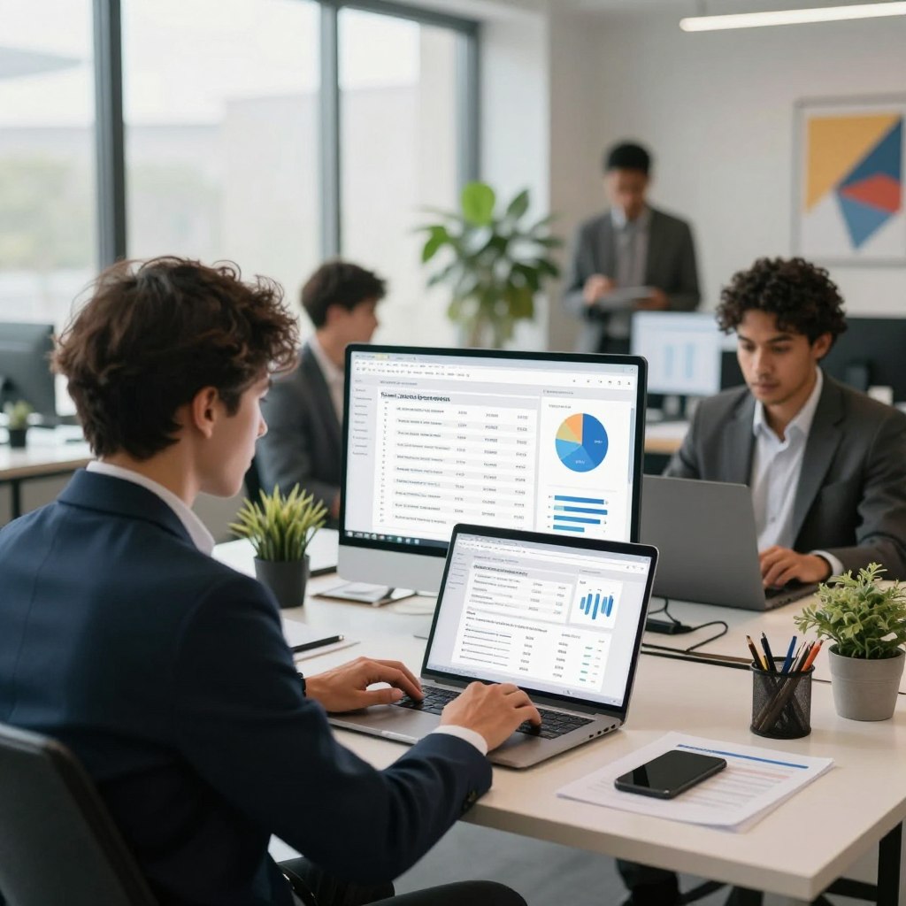 A modern, sleek workspace featuring a diverse group of professionals engaged in online fiscal procedures. In the foreground, a focused individual in business attire is seated at a desk, using a laptop to navigate a fiscal declaration website. The middle ground showcases digital visualizations of tax forms and pie charts, representing finances and analytics. The background includes large windows allowing natural light to seep in, illuminating the room filled with greenery and motivational artwork. The atmosphere is proactive and collaborative, emphasizing efficiency and clarity in tax declaration processes. Utilize soft lighting to create a warm, inviting environment. The image should capture a sense of determination and professionalism in a contemporary office setting.
