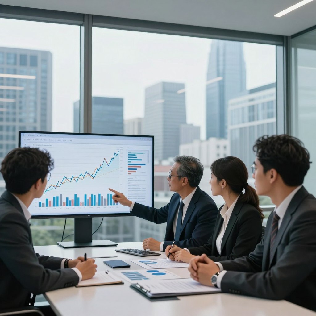 A modern, stylish office setting with a large glass window revealing a city skyline in the background. In the foreground, a group of three diverse professionals dressed in business attire are engaged around a sleek conference table, analyzing financial charts and graphs displayed on a digital screen. One person is pointing at a dynamic line graph showcasing profitability and investment growth. The atmosphere is energetic yet focused, with soft, natural lighting illuminating the space, creating a sense of clarity and professionalism. The angle is slightly elevated to capture the expressions of concentration on their faces as they discuss strategies. Subtle reflections from the glass add depth to the scene, conveying a forward-thinking approach to investment through PNL (Profit and Loss) analysis.