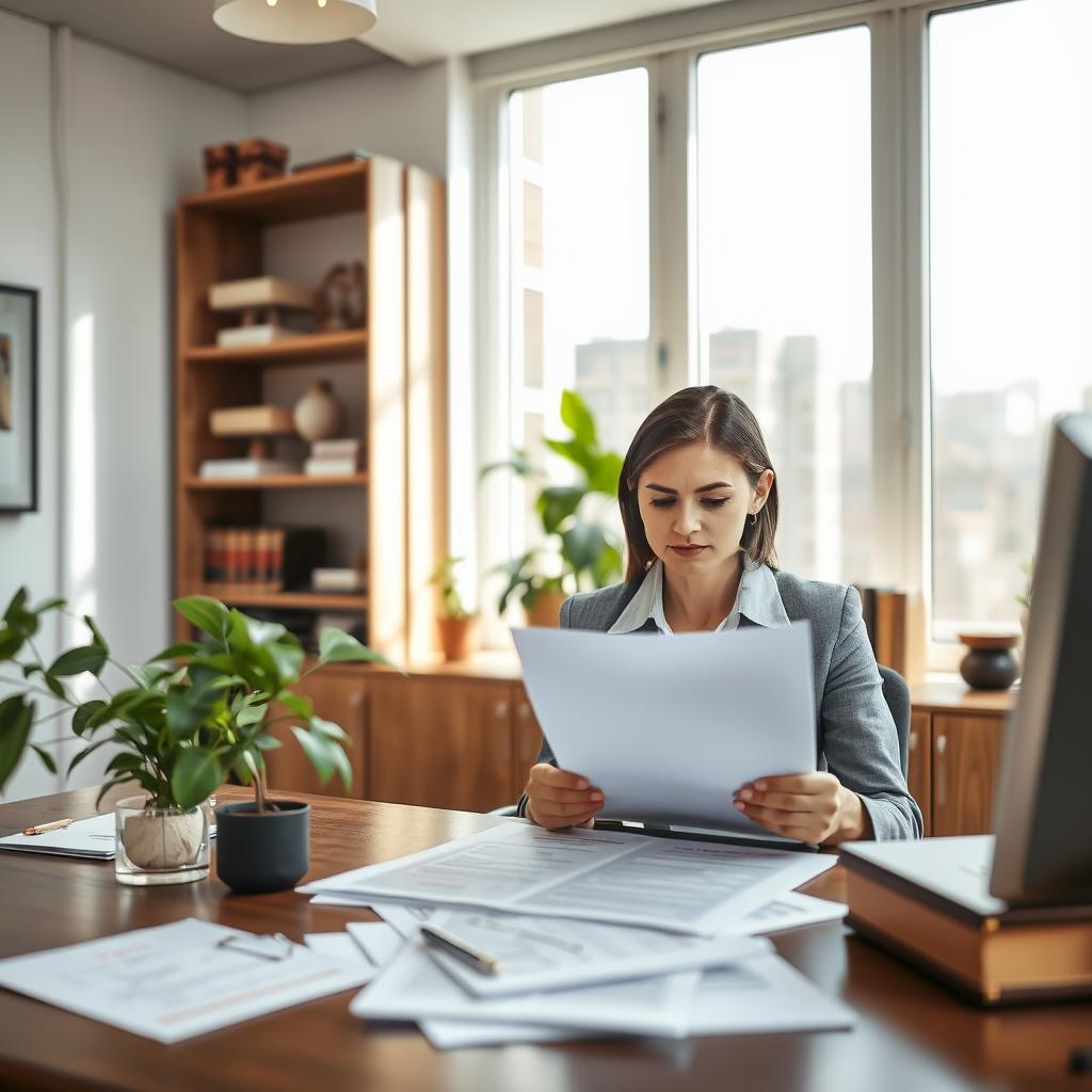 A modern, well-lit office setting with a professional atmosphere. In the foreground, a focused woman in professional attire sits at a desk, reviewing a contract with a look of concentration. The middle ground features a large window with soft natural light streaming in, illuminating a houseplant and scattered documents regarding insurance policies. In the background, a bookshelf filled with law books and decorative items adds to the professional environment. The overall mood is serious yet hopeful, portraying the idea of responsibility in securing one’s home. The angle is slightly tilted to capture a dynamic perspective, and the lighting is bright but soft, creating a welcoming ambiance. A modern, well-lit office setting with a professional atmosphere. In the foreground, a focused woman in professional attire sits at a desk, reviewing a contract with a look of concentration. The middle ground features a large window with soft natural light streaming in, illuminating a houseplant and scattered documents regarding insurance policies. In the background, a bookshelf filled with law books and decorative items adds to the professional environment. The overall mood is serious yet hopeful, portraying the idea of responsibility in securing one’s home. The angle is slightly tilted to capture a dynamic perspective, and the lighting is bright but soft, creating a welcoming ambiance.