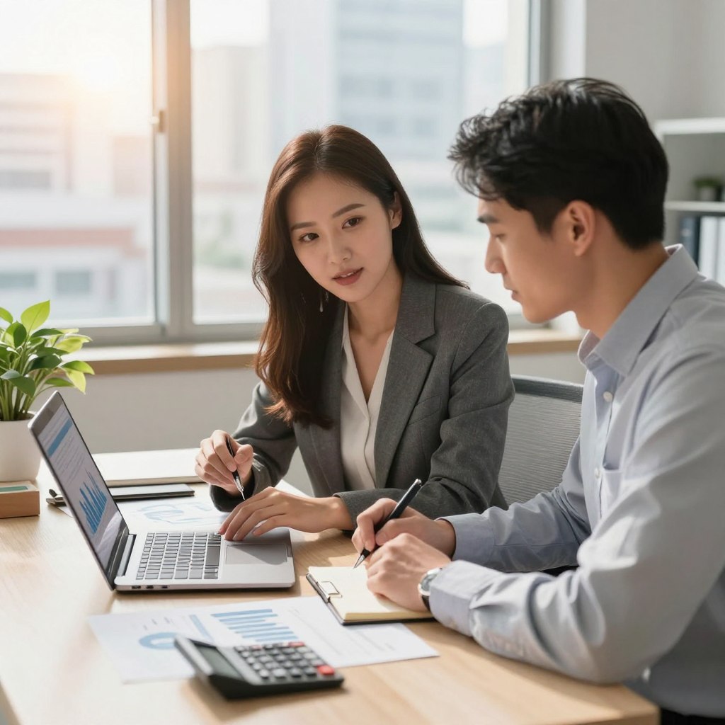 A modern workspace featuring a professional-looking woman and man engaged in a discussion about retirement savings strategies. In the foreground, the woman, wearing a smart business outfit, is analyzing charts on a laptop, while the man, in a neat, casual shirt, takes notes. The middle ground includes a neatly organized desk with financial documents, a calculator, and a potted plant for a touch of greenery. In the background, a large window reveals a cityscape, with warm sunlight streaming in, creating a bright and optimistic atmosphere. The focus is on collaboration and planning for the future, with soft, natural lighting that highlights the positive energy of financial planning.