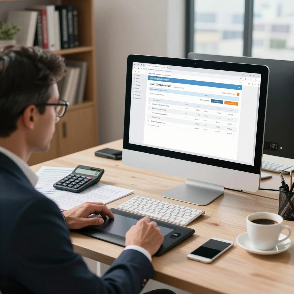 A modern workspace featuring a sleek desktop computer displaying a simulated tax declaration interface on the screen. In the foreground, a focused professional in smart business attire, a middle-aged man with glasses, is engaging with the software, using a graphics tablet. In the middle, an organized desk with tax-related documents, a calculator, and a cup of coffee. The background includes a bookcase filled with financial books and a window revealing a bright cityscape, symbolizing efficiency and innovation. Soft, natural lighting streams in, creating a warm and inviting atmosphere. The composition should be shot at a slight angle, emphasizing depth while keeping the business environment professional and calm. A modern workspace featuring a sleek desktop computer displaying a simulated tax declaration interface on the screen. In the foreground, a focused professional in smart business attire, a middle-aged man with glasses, is engaging with the software, using a graphics tablet. In the middle, an organized desk with tax-related documents, a calculator, and a cup of coffee. The background includes a bookcase filled with financial books and a window revealing a bright cityscape, symbolizing efficiency and innovation. Soft, natural lighting streams in, creating a warm and inviting atmosphere. The composition should be shot at a slight angle, emphasizing depth while keeping the business environment professional and calm.