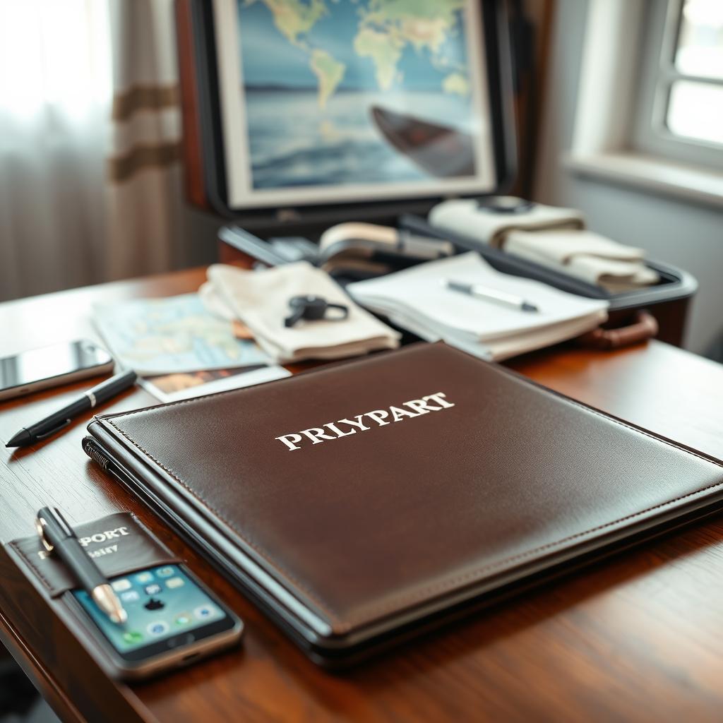 A neatly organized travel insurance document layout on an elegant wooden desk, displaying a polished travel policy folder prominently in the foreground. Beside it, a stylish leather passport holder, a pen, and a smartphone with a travel app open. In the middle ground, a partially open suitcase reveals neatly folded clothes and travel essentials like a map and a camera. The background features a soft-focus window with natural daylight streaming in, highlighting a tranquil travel-themed poster on the wall. The mood is professional yet inviting, evoking a sense of preparedness and adventure. The image should be crisp and well-lit, captured from a slightly elevated angle to provide depth.