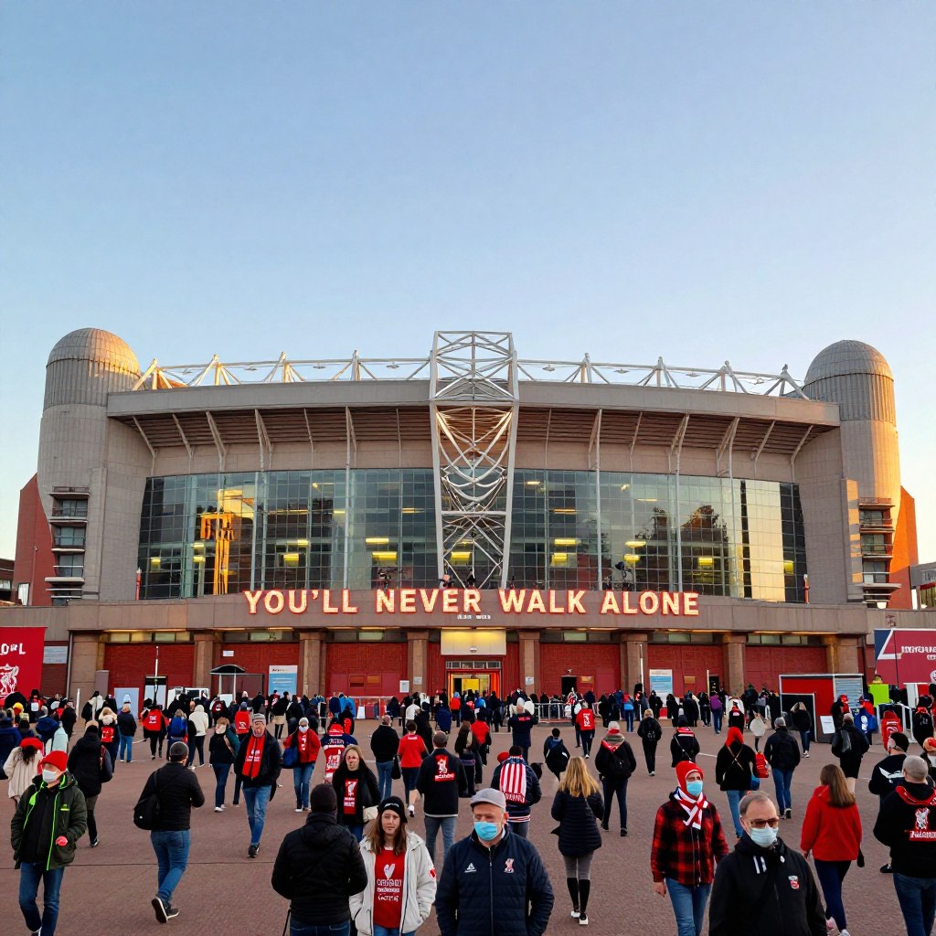 A panoramic view of Anfield Stadium, home of Liverpool FC, showcasing its iconic design and rich history. In the foreground, the stadium's famous "You'll Never Walk Alone" signage is illuminated, creating a warm, inviting glow. The middle ground features the grand entrance, bustling with fans dressed in Liverpool merchandise, capturing the vibrant atmosphere of match day. In the background, the stadium stands majestically under a bright, cloudless sky, enhanced by the golden light of late afternoon. Shot with a wide-angle lens to emphasize the scale, the image conveys a sense of excitement and community. The overall mood is energetic and passionate, reflecting the spirit and infrastructure of the club. The scene is devoid of any text or overlays.
