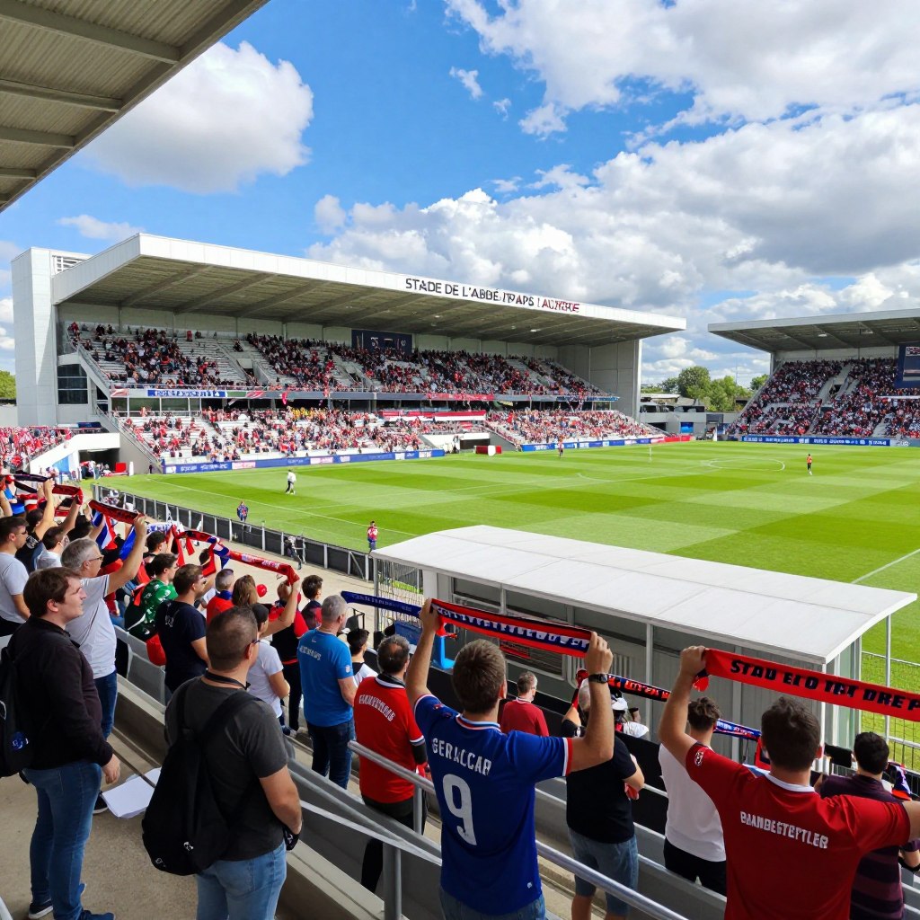 A panoramic view of the Stade de l'Abbé-Deschamps in Auxerre, showcasing its modern architecture and vibrant atmosphere on a match day. In the foreground, capture the entrance with fans in soccer jerseys, cheerfully interacting and holding banners. The middle ground features the stadium's stands filled with enthusiastic spectators, raising their scarves in support. The background displays a clear blue sky with fluffy clouds, highlighting the stadium's iconic facade. The lighting is bright and inviting, mimicking the excitement of a live soccer match under daylight. Use a wide-angle lens to create a dynamic perspective that emphasizes the scale of the venue and the energy of the crowd. The mood is festive and vibrant, perfectly capturing the essence of a thrilling live sporting event.