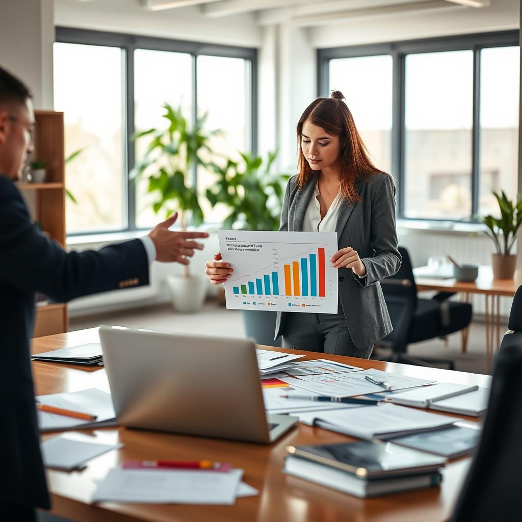 A peaceful office environment featuring a professional financial advisor discussing assurance vie revenue with a client. In the foreground, the advisor, dressed in a tailored navy suit, gestures toward a chart displaying growth projections. The client, wearing a smart casual outfit, examines the document with interest. In the middle ground, a desk cluttered with financial documents and a laptop reflects focused work. The background displays a modern office decor with large windows letting in soft, natural light, creating a warm, inviting atmosphere. The lens should be a soft focus, capturing the essence of collaboration and trust. The mood is hopeful and optimistic, emphasizing the potential benefits of fiscal strategy in assurance vie.