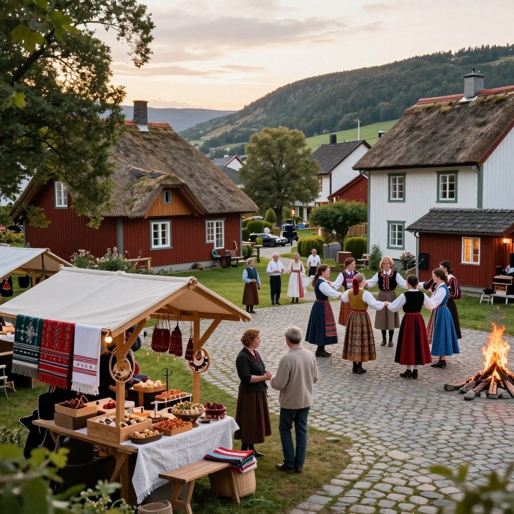 A picturesque Nordic cultural scene set in the northern region of France. Foreground features a traditional market with wooden stalls showcasing local crafts, handwoven textiles, and artisanal foods. In the middle ground, groups of people dressed in modest, colorful clothing engage in cultural activities, such as folk dancing and storytelling by a cozy bonfire. The background reveals charming, historical architecture with thatched roofs and cobblestone streets, surrounded by lush greenery and rolling hills. Soft golden-hour lighting bathes the scene, enhancing the warm, inviting atmosphere. A sense of community and heritage permeates the image, capturing the essence of Nordic traditions in a serene and picturesque environment.