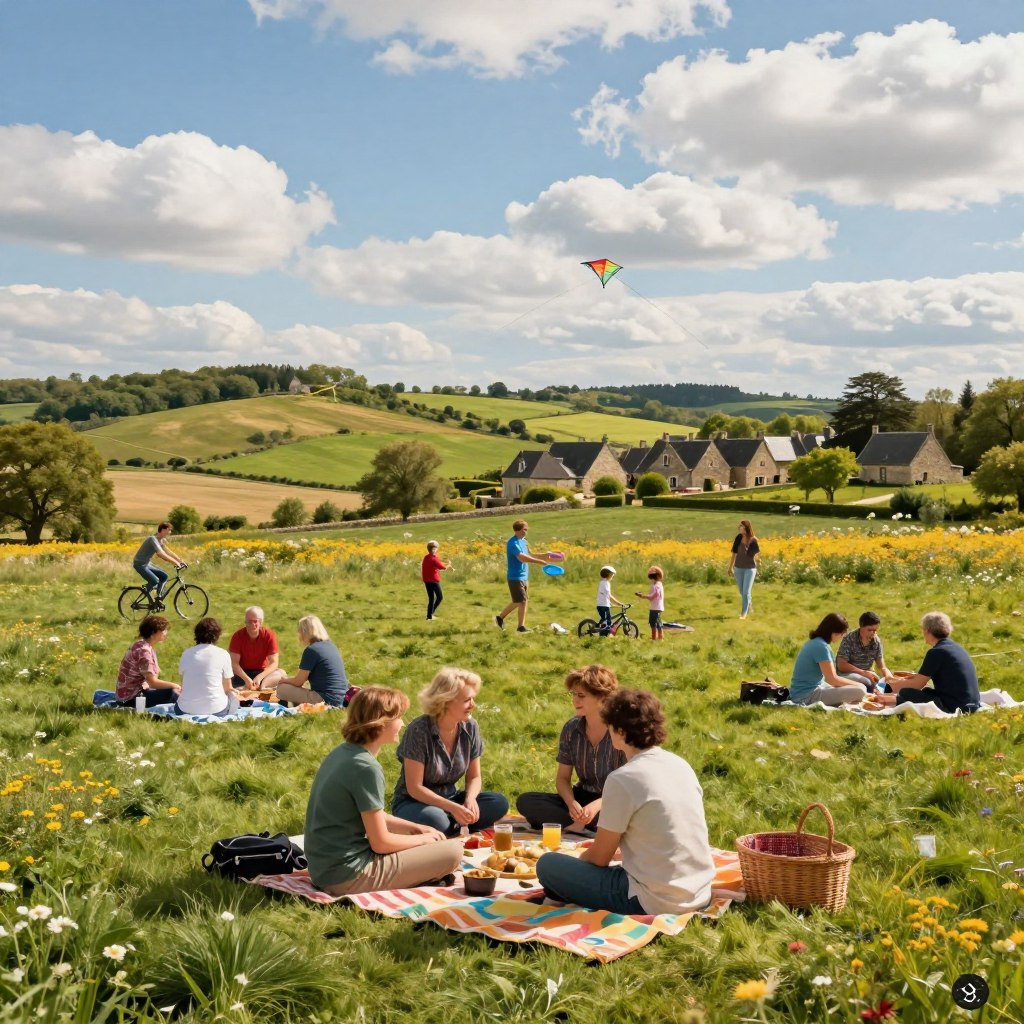 A picturesque outdoor scene in northern France, showcasing a vibrant day of leisure activities. In the foreground, a diverse group of people in modest casual clothing are enjoying a picnic on a lush green field, surrounded by colorful blankets and picnic baskets. In the middle ground, families are engaging in various activities like cycling, playing frisbee, and kite flying, with a scenic view of rolling hills sprinkled with wildflowers. The background features a charming countryside landscape with historic stone cottages and a clear blue sky dotted with fluffy white clouds. Soft, warm sunlight casts gentle shadows, creating a cheerful and inviting atmosphere, evoking the joy of outdoor exploration and tourism in this captivating region. Wide-angle shot to capture the expansive beauty of the surroundings.