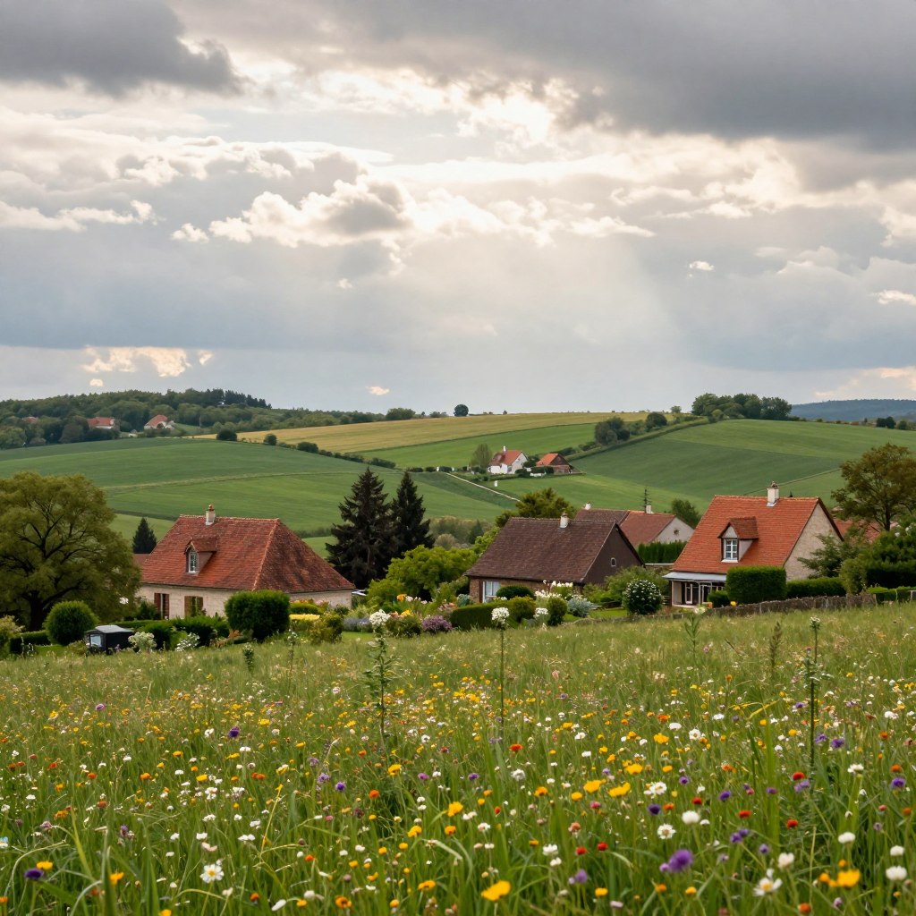 A picturesque representation of the northern climate of France, featuring rolling green fields dotted with vibrant wildflowers in the foreground. Midway, quaint traditional French houses with red-tiled roofs and lush gardens reflect the rich culture of the region. The background reveals a dramatic sky, filled with soft gray clouds and rays of sunlight breaking through, casting a gentle glow over a patchwork landscape. The atmosphere is tranquil and refreshing, evoking the essence of a cool, breezy day typical of the northern climate. The scene is framed with a slight vignette, emphasizing the serene beauty of the north of France, captured from a slight low angle to enhance the depth and detail. The lighting should be soft and diffused, creating a calm and inviting feel.