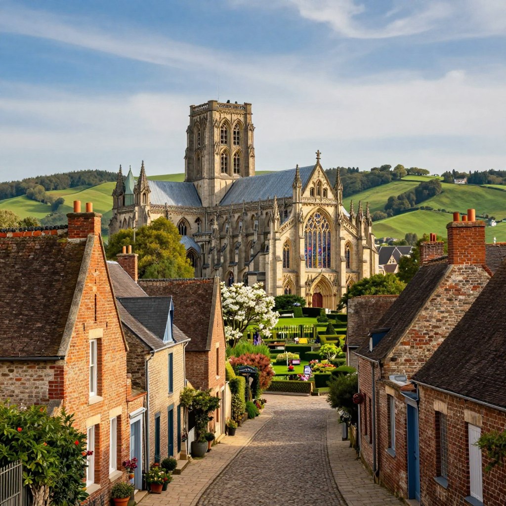 A picturesque scene capturing the historical heritage of Northern France, featuring a charming medieval village with traditional brick houses and cobblestone streets in the foreground. In the middle, add a stunning Gothic cathedral with intricate architectural details and colorful stained glass windows, surrounded by blooming gardens. The background should showcase rolling green hills under a blue sky with wispy clouds, creating a tranquil atmosphere. Soft, warm lighting illuminates the scene, casting gentle shadows and highlighting the rich textures of the buildings. The composition should be framed from a slightly elevated angle, providing a captivating view that invites exploration. The mood conveys a sense of timeless beauty and cultural richness, perfect for showcasing the historical heritage of the region.
