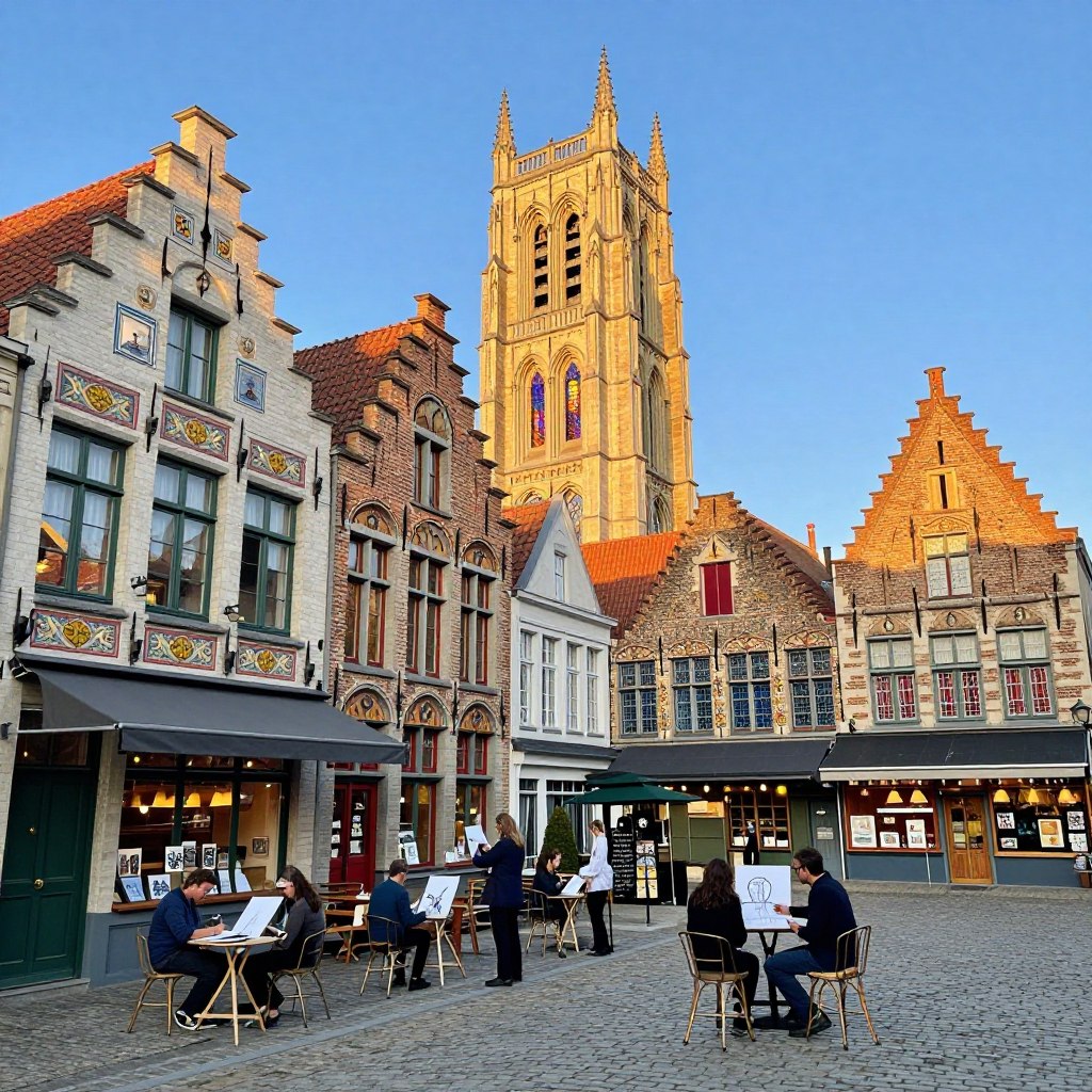 A picturesque scene showcasing Flemish art and architecture in the North of France. In the foreground, vibrant, intricately painted facades of traditional Flemish buildings, their ornate details reflecting the rich artistic heritage. A cobblestone street, lined with quaint cafes and art galleries, invites exploration. In the middle ground, artists sketch and paint, dressed in professional attire, capturing the beauty around them. The background features a majestic church tower with stained glass windows glistening under the golden afternoon light, casting colorful reflections. Clear blue skies enhance the cheerful mood of the scene, inviting viewers to immerse themselves in the artistic vibrancy of the region. Use soft lighting to create a warm and inviting atmosphere, capturing the essence of art and architecture in this charming Northern French landscape.