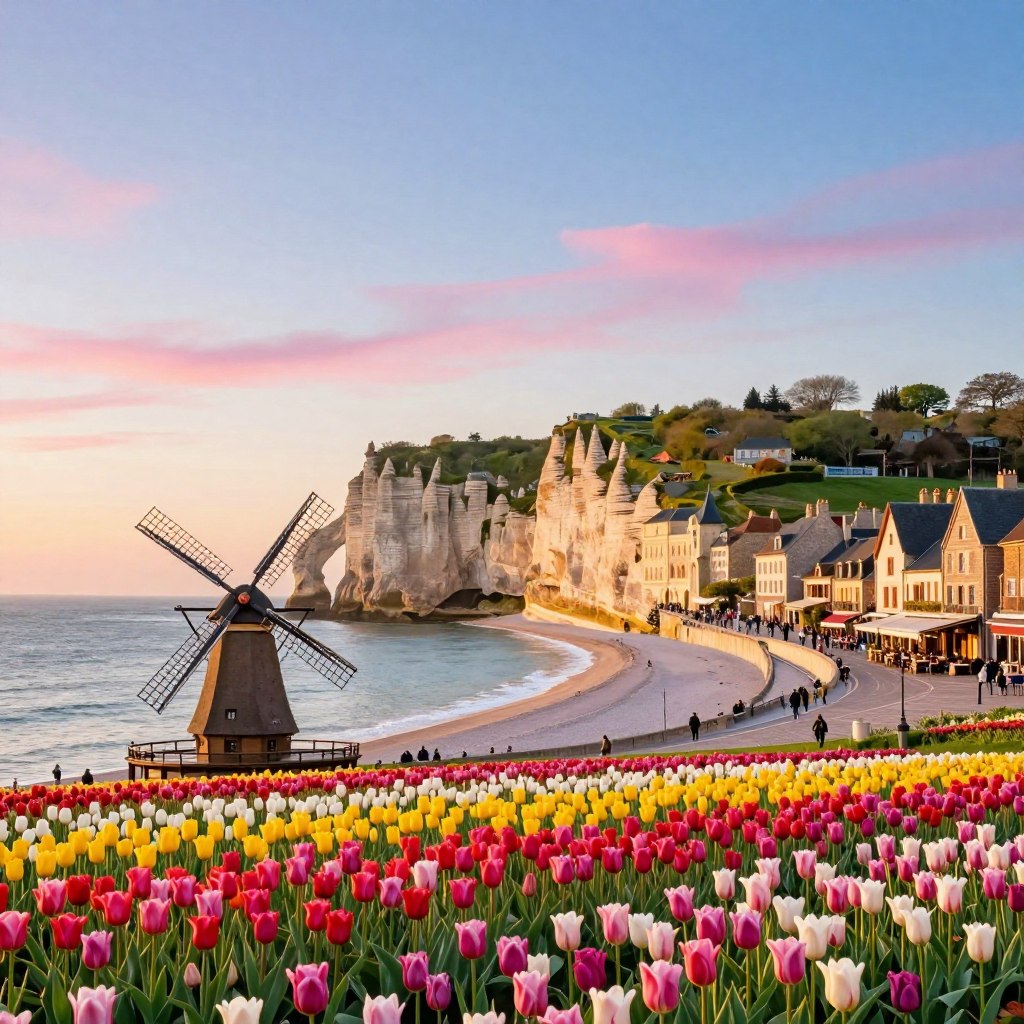 A picturesque scene showcasing the scenic tourist attractions in northern France. In the foreground, vibrant tulip fields in a spectrum of colors, with a traditional windmill slowly turning. The middle ground features the iconic cliffs of Étretat rising majestically from the coastline, framed by soft, golden sandy beaches. To the background, the historic architecture of a French town, with charming cobblestone streets lined with cafés. The sky is painted in soft hues of blue and pink as the sun sets, casting a warm, inviting glow over the landscape. Use a wide-angle lens to capture the expanse of the scenery, focusing on a natural and serene atmosphere, emphasizing the beauty and tranquility of this region.
