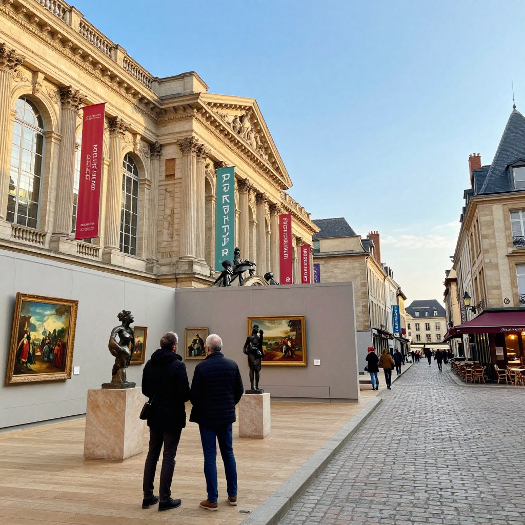 A picturesque scene showcasing various museums in northern France, including a grand art museum with classic architecture and vibrant banners fluttering, set against a clear blue sky. In the foreground, include a couple of well-dressed visitors admiring a sculpture, conveying a sense of exploration and appreciation for art. In the middle ground, paint the backdrop with intricate galleries featuring paintings and artifacts, highlighted by soft, warm natural lighting that filters through large windows. The background should feature a charming cobblestone street lined with quaint cafés and locals, adding to the cultural ambiance. The overall mood is inviting and inspiring, reflecting the rich artistic heritage and cultural significance of the region.