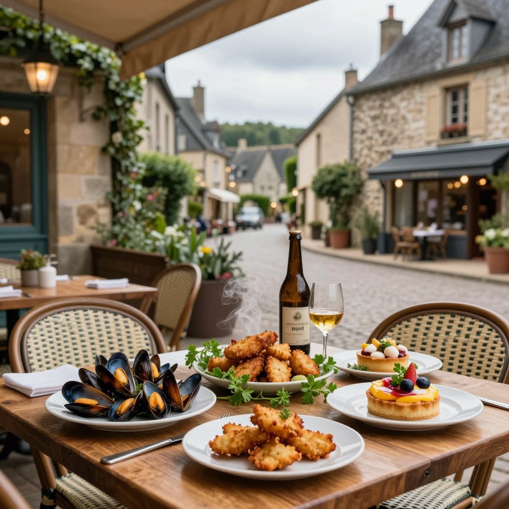A picturesque spread showcasing "gastronomie nord" in a rustic French setting. In the foreground, an elegantly arranged wooden table adorned with artisanal dishes such as steaming mussels, crispy Flemish carbonnade, and colorful tarte au sucre. Lush green herbs and a bottle of regional beer are artfully placed around the dishes. In the middle ground, charming French bistro-style chairs and soft, ambient lighting create a welcoming atmosphere. The background reveals a quaint village with cobblestone streets and traditional northern French architecture under a cloudy sky, enhancing the cozy feel. The scene is shot with a shallow depth of field using a 50mm lens to beautifully blur the background while keeping the food vibrant and in focus. The overall mood is inviting, warmly lit, and distinctly captures the essence of northern French cuisine.