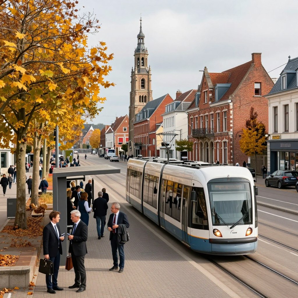 A picturesque view of "Nord" with a vibrant, bustling transportation scene. In the foreground, a well-maintained, modern tram glides smoothly on tracks, surrounded by autumn-colored trees with golden leaves. In the middle ground, a diverse group of people in professional attire are waiting at a sleek tram stop, deep in conversation and holding briefcases. The background features traditional northern French architecture with red brick buildings, and the iconic belfry of a nearby town rises in the distance beneath soft, diffused sunlight. The sky is overcast, creating a calm and reflective atmosphere. The image should have a warm color palette with hints of cool tones, captured from a slightly elevated angle to showcase the vibrancy of urban transport and the charm of the Nord region.