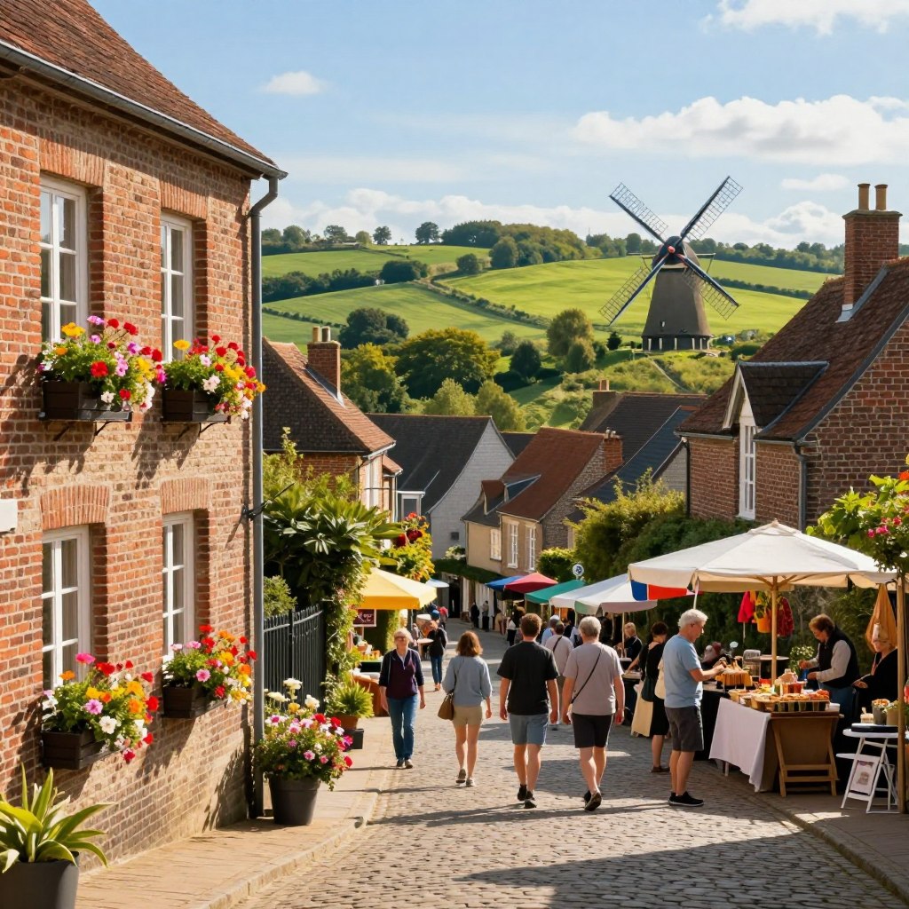 A picturesque view of Northern France, showcasing a charming town with traditional brick houses and vibrant flowers adorning window boxes in the foreground. In the middle ground, families of tourists in modest casual clothing stroll down a cobblestone street, interacting with local vendors at a colorful outdoor market. The background features lush, green countryside under a clear blue sky, with rolling hills and windmills gently turning in the breeze. Soft, golden sunlight bathes the scene, creating a warm, inviting atmosphere that emphasizes the welcoming spirit of the region. Use a slight depth of field to focus on the tourists while subtly blurring the surroundings, enhancing the lively yet tranquil mood of this delightful destination.