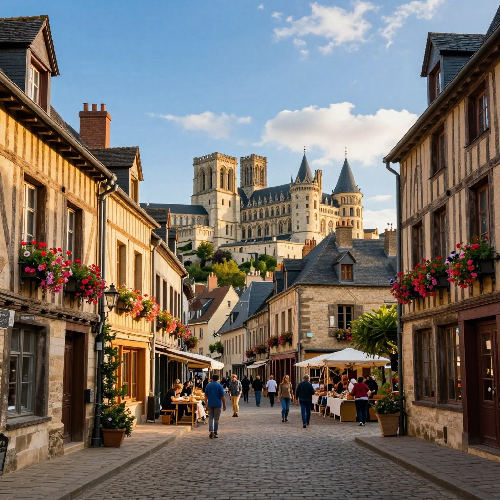 A picturesque view of a UNESCO World Heritage Site in northern France, emphasizing its rich historical architecture. In the foreground, a cobblestone street is lined with quaint, historic buildings showcasing medieval timber framing. Flanking the street, vibrant flowers bloom in window boxes, adding color to the scene. The middle ground features a lively marketplace, with locals in modest casual clothing engaging in daily activities. In the background, an iconic landmark, such as the majestic Citadel of Arras or the stunning Palace of Versailles, towers against a bright blue sky. The scene is illuminated by the warm glow of the golden hour sun, casting long shadows and creating a serene atmosphere, evoking a sense of timelessness and cultural heritage. The angle is a slightly elevated view, capturing both the landscape and the bustling life below.