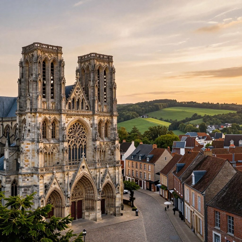 A picturesque view of historical heritage in northern France, featuring intricately detailed medieval architecture such as the Gothic-style cathedrals of Amiens and Arras in the foreground, capturing their towering spires and ornate facades. In the middle ground, charming cobblestone streets lined with traditional brick houses showcase the regional character. The background reveals rolling green hills and a serene sky at sunset, casting a warm golden light over the scene. Use a soft focus lens to enhance the romantic atmosphere, creating a nostalgic mood that reflects the rich history of the region. The overall composition should evoke a sense of wonder and appreciation for the cultural heritage of northern France, without any text or distractions in the image.