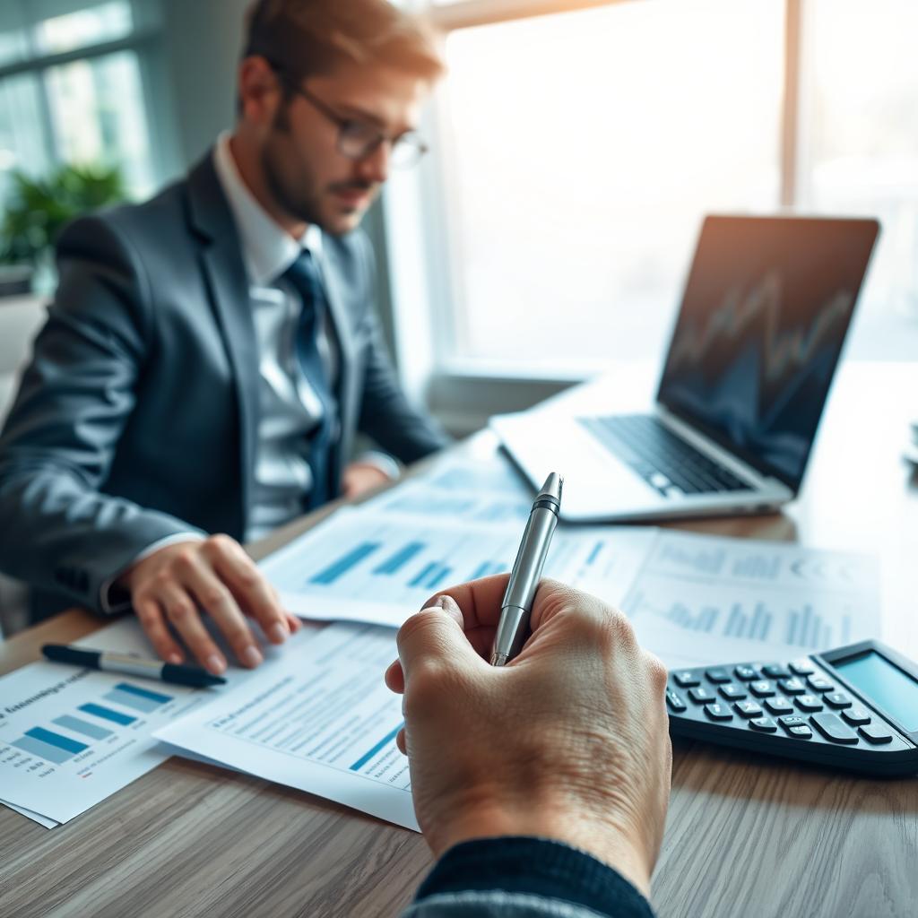 A polished office setting featuring a professional-looking individual in business attire, seated at a sleek desk with financial documents and a laptop open, focused on evaluating different life insurance policies. In the foreground, a close-up of a hand holding a pen, poised above a document with charts and figures, emphasizing the decision-making process. The middle ground showcases the desk cluttered with printouts of various life insurance contracts and a calculator, symbolizing the analysis of financial advantages. In the background, a large window filters in soft, natural light, illuminating the space and creating a warm, productive atmosphere. The mood should convey confidence and professionalism, ideal for selecting the right assurance vie contract.