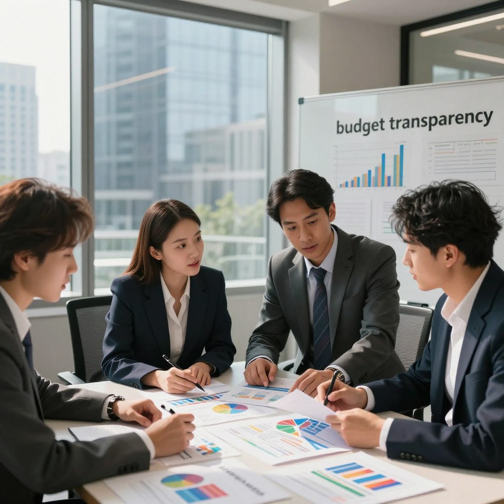 A powerful visual representation of "budget transparency," featuring a dynamic scene in an office environment. In the foreground, a diverse group of four professionals — two men and two women, dressed in formal business attire, analyze colorful budget reports on a large table. Each is engaged in discussion, with graphs and charts illustrating financial data spread out before them. In the middle ground, a large glass window lets in natural light, reflecting a modern cityscape that symbolizes openness and clarity. The background shows a whiteboard filled with transparent financial strategies. The scene conveys a mood of collaboration, trust, and professionalism, highlighted by soft, warm lighting that creates an inviting atmosphere. The focus is sharp, with a slight depth of field effect emphasizing the budgeting documents and the professionals’ engaged expressions.