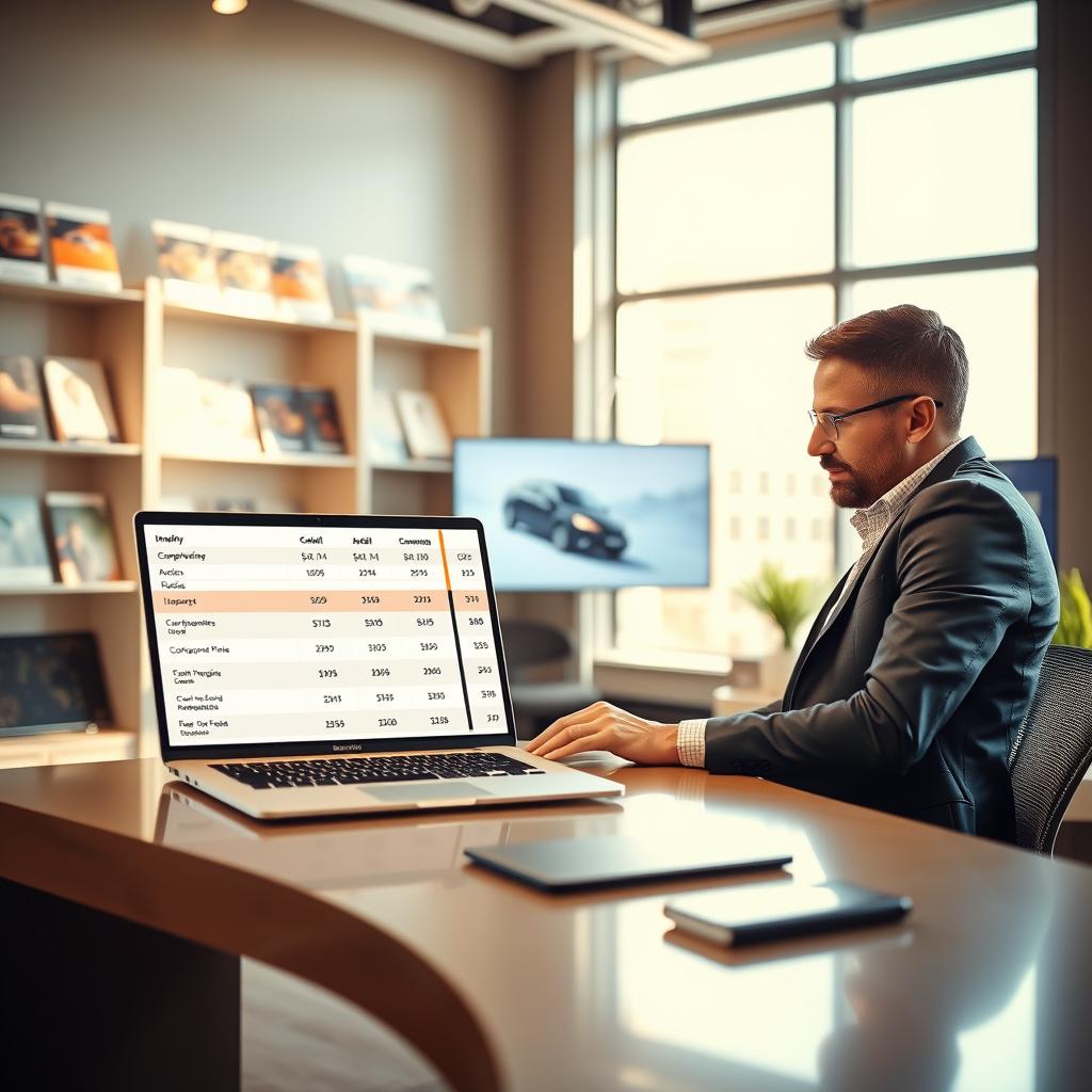 A professional and informative scene depicting a modern insurance office focused on car insurance comparison. In the foreground, a polished desk with a laptop displaying a detailed chart comparing various comprehensive car insurance policies. A man in a smart casual outfit examines the figures with a thoughtful expression. In the middle ground, a large window reveals a bright cityscape, emphasizing a bustling environment. Bright, natural light streams in, creating an inviting and dynamic atmosphere. The background features shelves lined with insurance brochures and a digital screen showcasing the benefits of comprehensive coverage. Use soft focus on the background to emphasize the desk and the subject. The mood is focused and collaborative, reflecting the importance of making informed choices for car insurance.