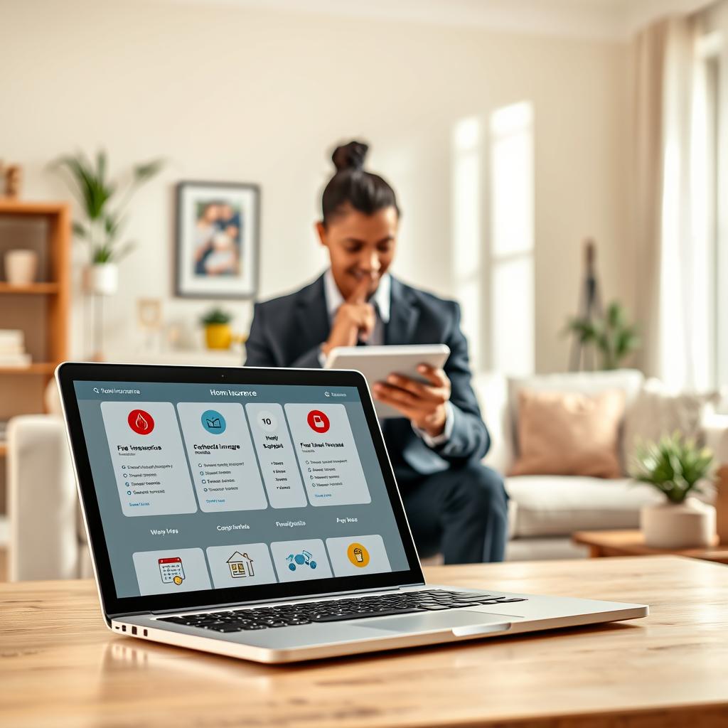 A professional and informative visual depicting a modern insurance comparison tool for home insurance. In the foreground, a sleek laptop opens to a user-friendly interface displaying various insurance policies with icons representing coverage types, such as fire, theft, and water damage. In the middle ground, a confident, diverse individual in business attire thoughtfully analyzes information on a tablet, embodying a sense of diligence and responsibility. The background features a cozy, well-decorated living room with homely touches like plants and family photos, symbolizing a safe environment. Soft, natural lighting highlights the scene, creating a warm and inviting atmosphere that conveys trust and professionalism. The composition captures the essence of making informed decisions about multi-risk home insurance. A professional and informative visual depicting a modern insurance comparison tool for home insurance. In the foreground, a sleek laptop opens to a user-friendly interface displaying various insurance policies with icons representing coverage types, such as fire, theft, and water damage. In the middle ground, a confident, diverse individual in business attire thoughtfully analyzes information on a tablet, embodying a sense of diligence and responsibility. The background features a cozy, well-decorated living room with homely touches like plants and family photos, symbolizing a safe environment. Soft, natural lighting highlights the scene, creating a warm and inviting atmosphere that conveys trust and professionalism. The composition captures the essence of making informed decisions about multi-risk home insurance.