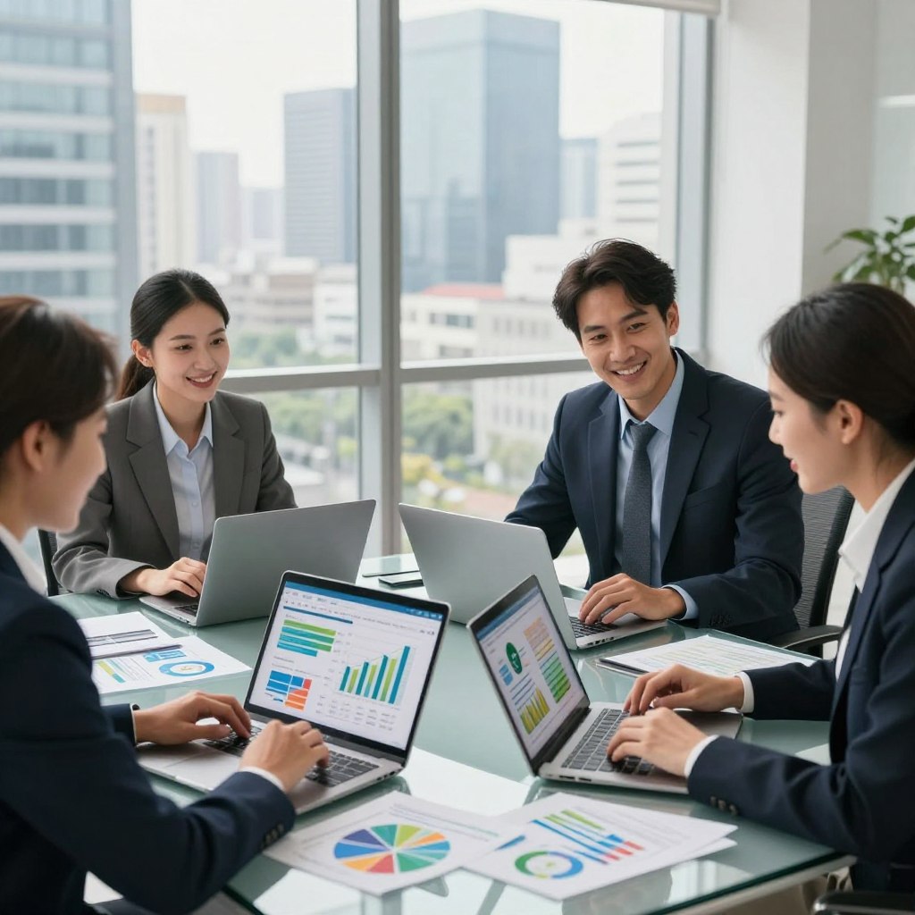 A professional and modern office setting depicting the latest trends in ESG funds. In the foreground, a diverse group of three business professionals—two men and one woman—are engaged in a lively discussion, reviewing sustainable investment reports on laptops. They are dressed in smart business attire, reflecting a positive and collaborative atmosphere. In the middle, a glass conference table filled with colorful graphs, charts, and ESG metrics, showcasing growth and sustainability. In the background, large windows allow natural light to flood the scene, revealing a bustling cityscape that emphasizes economic progress. The overall mood is optimistic and forward-thinking, highlighting the dynamic landscape of financial trends in sustainable investing. Soft, warm lighting enhances the professional yet approachable environment.