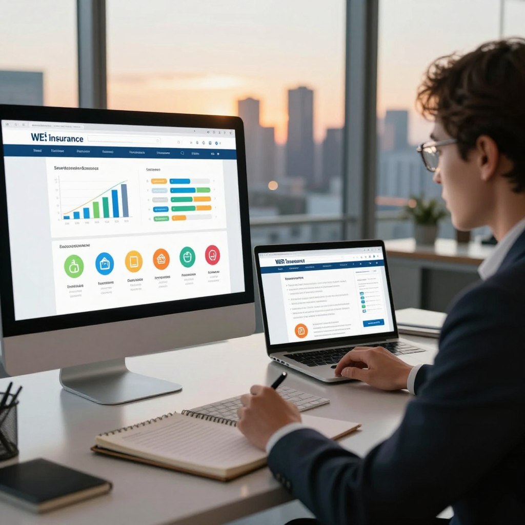 A professional and modern office setting, focusing on a sleek workstation with a large computer screen displaying various insurance comparison charts and graphs. In the foreground, a business professional in smart attire analyzes the screen closely, with a pen in hand and a notepad filled with notes beside them. In the middle ground, an open laptop shows a comparison website with different insurance options listed, each with clear, colorful icons representing coverage types. The background features a panoramic window revealing a city skyline lit by the warm glow of the setting sun, creating a calm, focused atmosphere. Soft, natural lighting illuminates the scene, casting gentle shadows and enhancing the serious yet optimistic mood of financial planning and future protection.