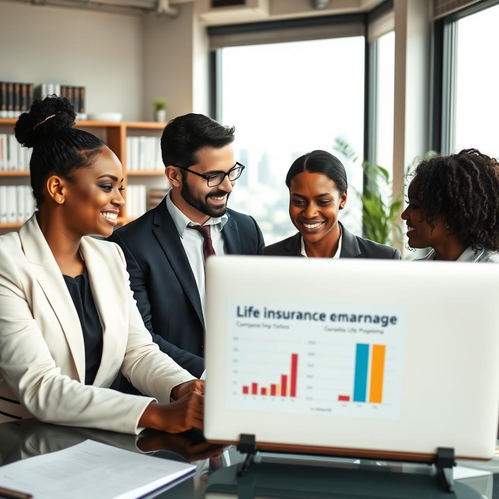 A professional and modern office setting with a focus on financial planning. In the foreground, a diverse group of two professionals, a man and a woman, are engaged in a discussion over a laptop displaying comparison graphs of life insurance options. They are dressed in sharp business attire, exuding a sense of focus and collaboration. In the middle ground, a large window reveals a city skyline, providing natural light that brightens the room, enhancing the atmosphere of optimism. In the background, shelves filled with financial books and a potted plant create a warm, inviting environment. The overall mood conveys professionalism, trust, and clarity, suitable for a section on choosing life insurance.