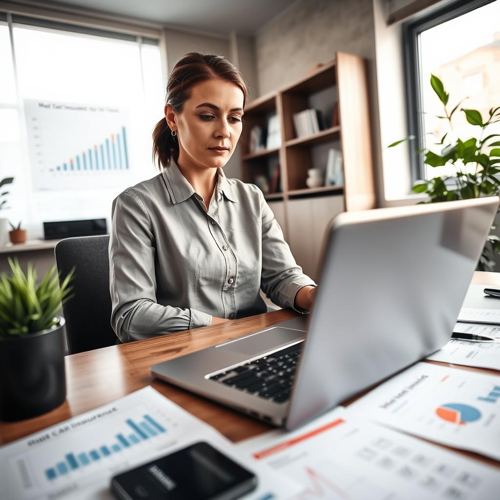 A professional and modern workspace featuring a sleek laptop displaying an online car insurance website, surrounded by documents with graphs and calculations. In the foreground, a businesswoman, dressed in modest casual attire, is thoughtfully analyzing the data on the screen. In the middle, there are scattered insurance brochures and a smartphone showing notifications. The background includes a well-decorated office with a live plant and bookshelf. Soft, natural light streams in from a nearby window, creating a warm and inviting atmosphere. The camera angle is slightly elevated, focusing on both the laptop and the woman’s engaged expression, emphasizing the theme of optimizing online car insurance.