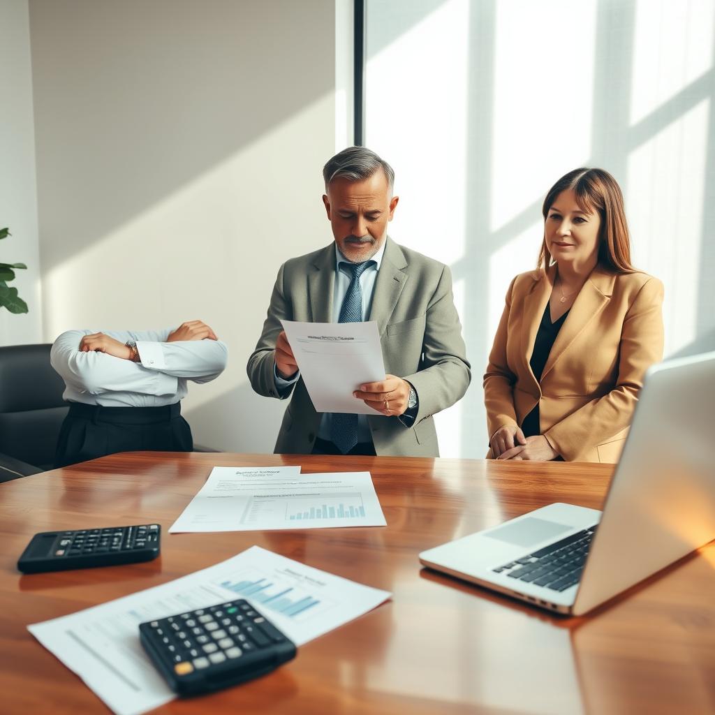 A professional and serene office environment, featuring a thoughtful financial advisor guiding a middle-aged couple in business attire. In the foreground, a polished wooden desk is adorned with documents about life insurance beneficiary clauses, a calculator, and a laptop showing graphs. In the middle, the advisor points to a document, emphasizing the importance of the beneficiary clause. The couple appears engaged and attentive, showing expressions of concern and curiosity. The background displays a large window with soft, diffused natural light casting gentle shadows, giving the scene a warm and inviting atmosphere. The overall mood conveys trust and professionalism, emphasizing the importance of financial planning and beneficiary clauses in life insurance.