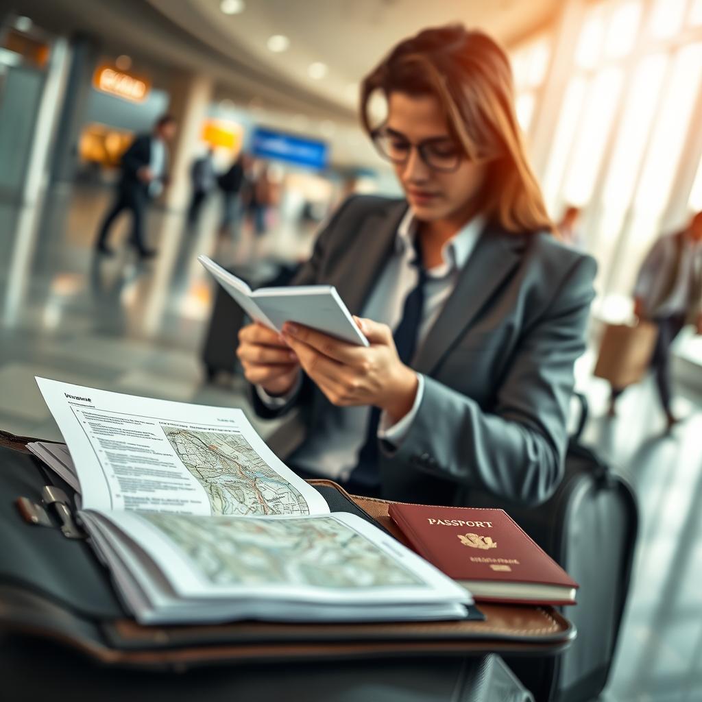 A professional and serene scene depicting a travel insurance concept. In the foreground, a neatly arranged travel portfolio with important documents such as insurance papers, a passport, and a map. The middle ground features a calm and confident traveler, dressed in smart casual attire, reviewing their insurance details with a thoughtful expression. The background shows a softly blurred airport setting with travelers moving in the distance, hinting at a sense of adventure and preparation. Warm, natural lighting illuminates the scene, creating an inviting and reassuring atmosphere. The composition is framed as if viewed through a wide-angle lens, providing depth, while maintaining focus on the traveler's engagement with their insurance.
