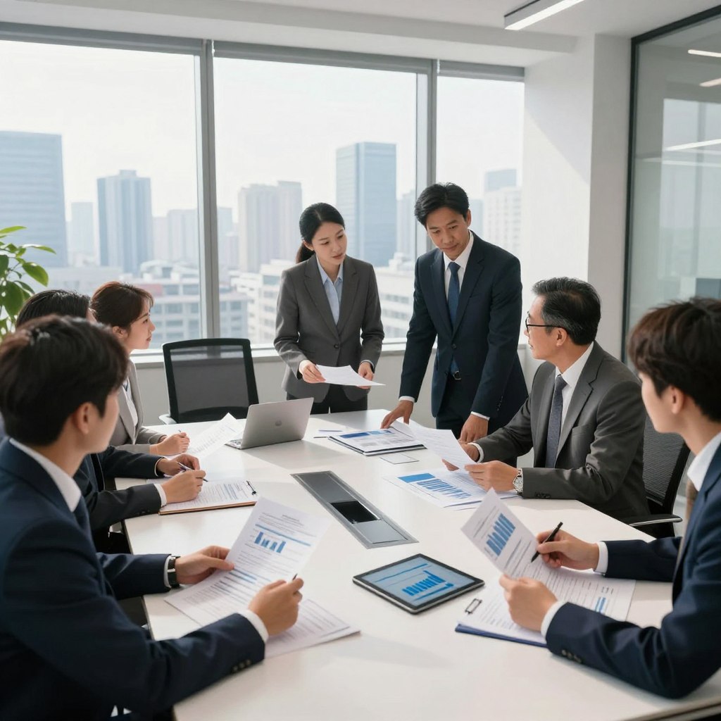 A professional and sophisticated office environment showcasing the results of the internal competition for finance inspectors. In the foreground, a diverse group of individuals in professional business attire, discussing documents and analyzing charts, reflecting a collaborative and purposeful atmosphere. In the middle ground, a large, modern conference table laden with financial reports and digital tablets displaying graphs. The background features a bright, well-lit office space with large windows overlooking a city skyline, emphasizing transparency and progress. Soft, natural lighting streams in, casting gentle shadows. The mood is one of determination and focus, capturing past trends in financial evaluations and professional growth in the public finance sector. A professional and sophisticated office environment showcasing the results of the internal competition for finance inspectors. In the foreground, a diverse group of individuals in professional business attire, discussing documents and analyzing charts, reflecting a collaborative and purposeful atmosphere. In the middle ground, a large, modern conference table laden with financial reports and digital tablets displaying graphs. The background features a bright, well-lit office space with large windows overlooking a city skyline, emphasizing transparency and progress. Soft, natural lighting streams in, casting gentle shadows. The mood is one of determination and focus, capturing past trends in financial evaluations and professional growth in the public finance sector.