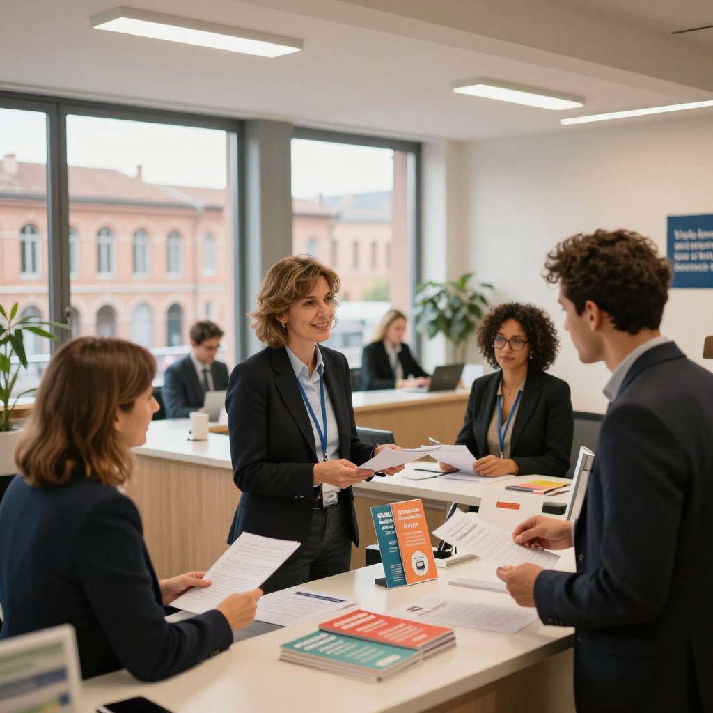 A professional and welcoming scene depicting a public finance office in Toulouse, showcasing a spacious, modern interior. In the foreground, diverse staff members in professional attire assist visitors, exchanging documents and providing guidance. The middle ground features well-organized reception desks with colourful informational brochures about financial services. In the background, large windows let in warm natural light, illuminating a view of Toulouse’s distinctive architecture. The atmosphere is friendly and supportive, conveying a sense of community and assistance. Utilize a subtle depth of field, with a slight tilt-angle to create depth, and enhance the image with soft, inviting lighting to evoke a sense of trust and professionalism.