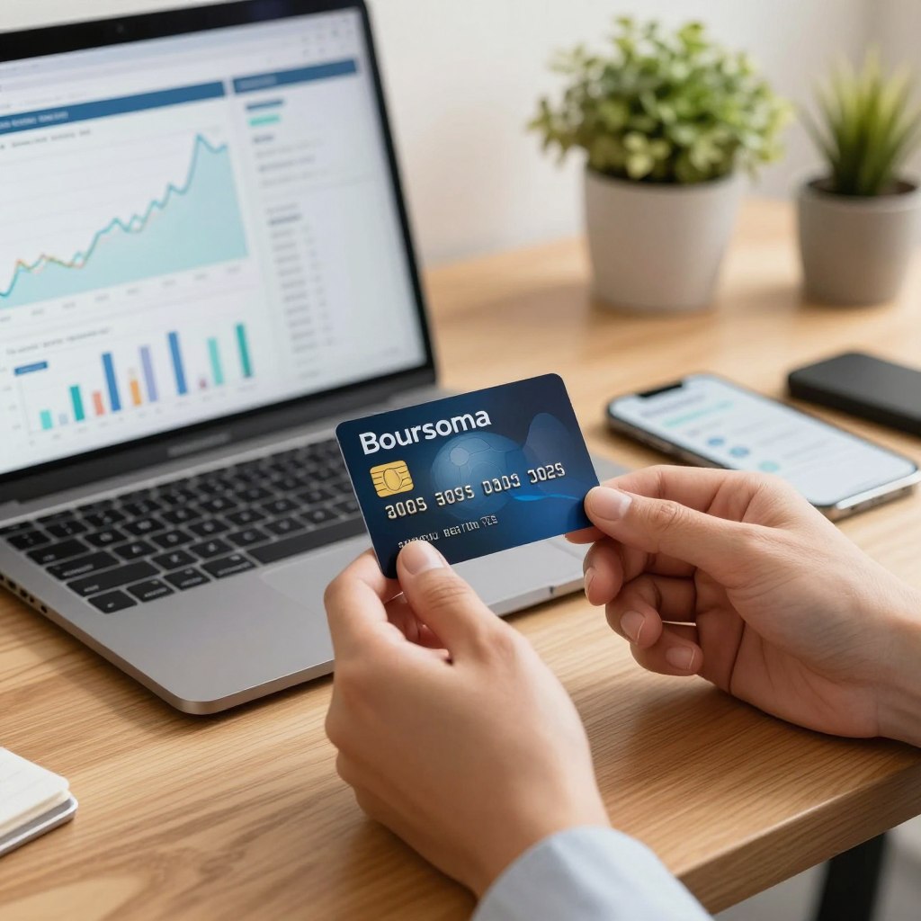 A professional business environment featuring a close-up of a hand holding a Boursorama credit card against a sleek wooden desk. In the background, a laptop displays financial graphs and a smartphone shows the Boursorama banking app, emphasizing the digital banking experience. Soft, warm lighting creates an inviting and trustworthy atmosphere, while a slightly blurred office setting includes potted plants and tasteful decor. The angle is slightly above the desk, focusing on the card and hand to convey the act of applying for the credit card. The mood is confident and optimistic, reflecting the advantages of choosing Boursorama’s credit card.