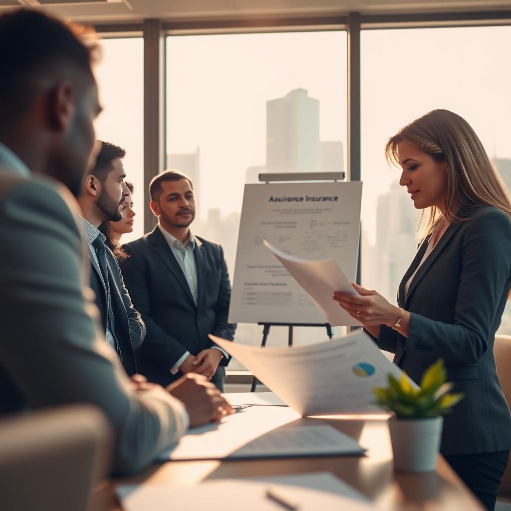 A professional business meeting scene set in a modern office, focused on a diverse group of individuals discussing health insurance. In the foreground, two professionals in business attire—one male and one female—are reviewing documents related to assurance maladie. The middle ground shows a presentation board with statistics and charts about health insurance options. In the background, large windows reveal a city skyline under bright daylight, casting warm natural light into the room. The atmosphere is one of collaboration and focus, emphasizing importance and diligence in choosing health insurance. The composition features a slight depth of field, drawing attention to the engaged discussion. The overall mood is serious yet approachable, highlighting the significance of understanding health insurance options.