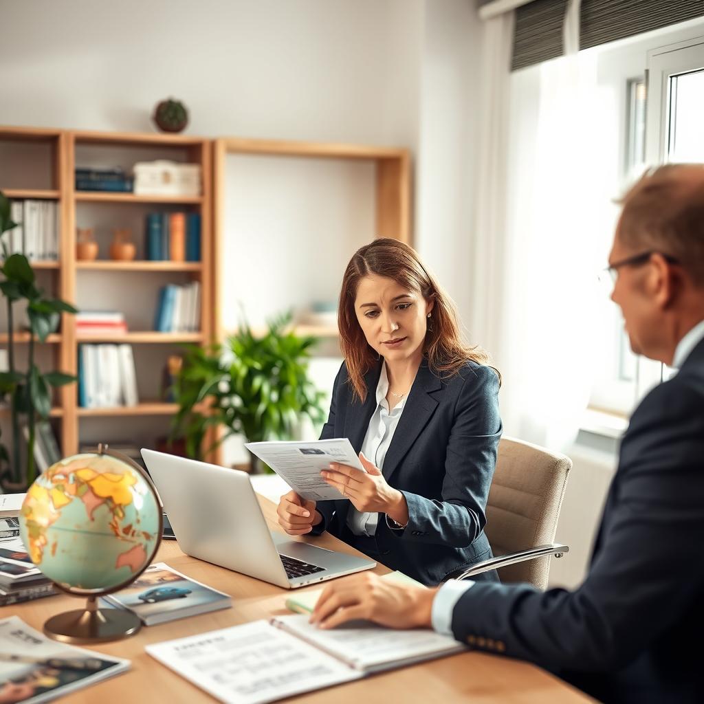 A professional business setting featuring two individuals engaged in a discussion about travel insurance quotes. In the foreground, a woman in smart business attire is reviewing documents on a laptop, her expression thoughtful and focused. The middle ground includes a desk cluttered with travel brochures, a globe, and an open notebook filled with notes on insurance coverage. In the background, a bookshelf filled with travel guides and a green indoor plant adds a touch of warmth. Soft, natural light streams in from a window, creating a calm and inviting atmosphere. Use a shallow depth of field to emphasize the discussion and create a sense of intimacy and professionalism. The overall mood is informative and proactive, reflecting the theme of making informed travel insurance choices.
