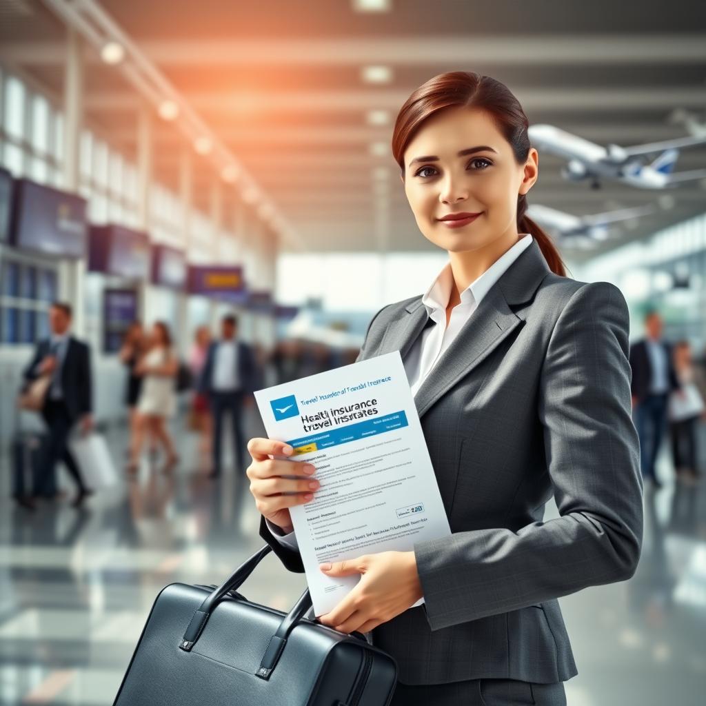 A professional businesswoman standing confidently at an airport terminal, holding a briefcase and a travel insurance document. In the foreground, she is dressed in a tailored suit, exuding assurance and preparedness for her business trip. In the middle ground, a modern airport backdrop with blurred travelers and flight information screens, conveying a sense of bustling international travel. The lighting is bright and natural, emphasizing a sense of optimism and security. The composition is slightly angled to focus on the businesswoman, highlighting her determination. In the background, planes are seen taking off, symbolizing journey and global connection. The overall mood is professional and reassuring, embodying the concept of health insurance and security in business travel.